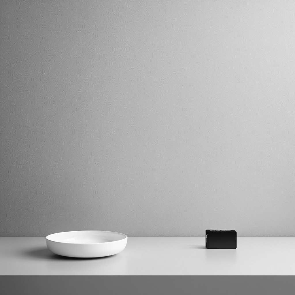 Seamless infinite desk illusion, 200cm pale grey desktop merges with same-color wall and floor, only objects: white ceramic dish (20cm diameter) at 40% frame left, black anodized aluminum card holder at golden ratio point, 100% shadowless lighting with 6500K flat illumination, Phase One IQ4 150MP technical photography --ar 1:1 --v 6.1 --style raw --stylize 100 --fast --no edges