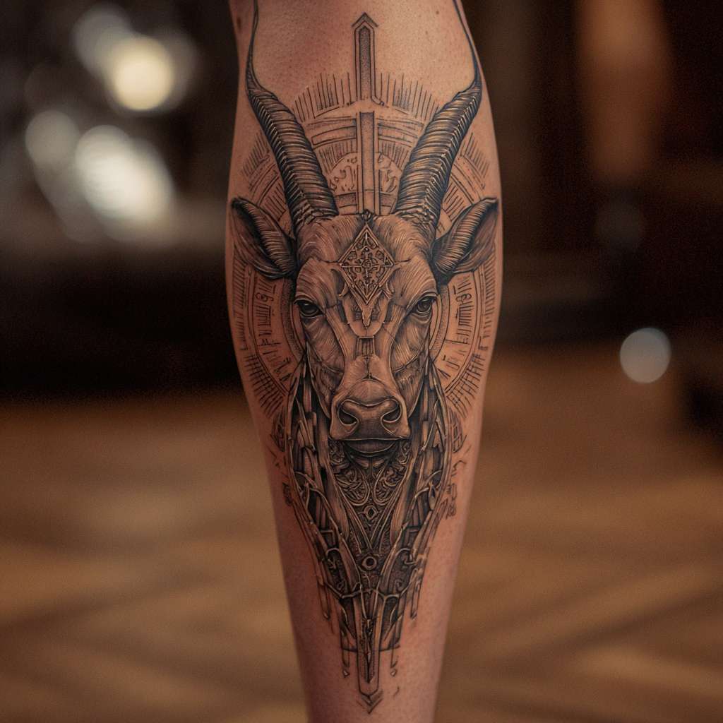 on male calf, professional tattoo design, high detail --ar 1:1 --v 7 --stylize 100 --fast