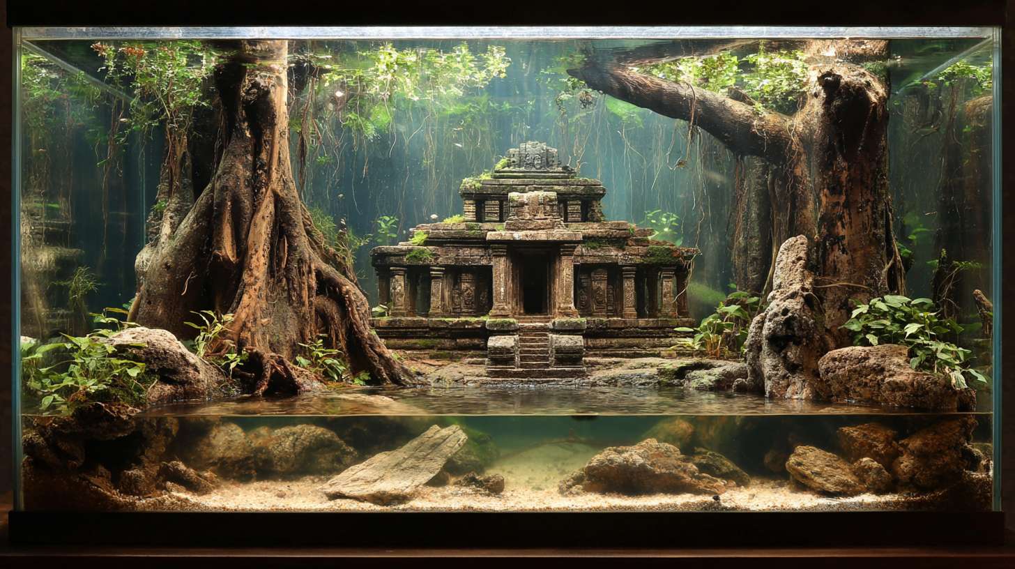 鱼缸内，海底，玛雅神庙，榕树根，场景造型 --ar 16:9 --v 7 --stylize 100 --fast --no 水印