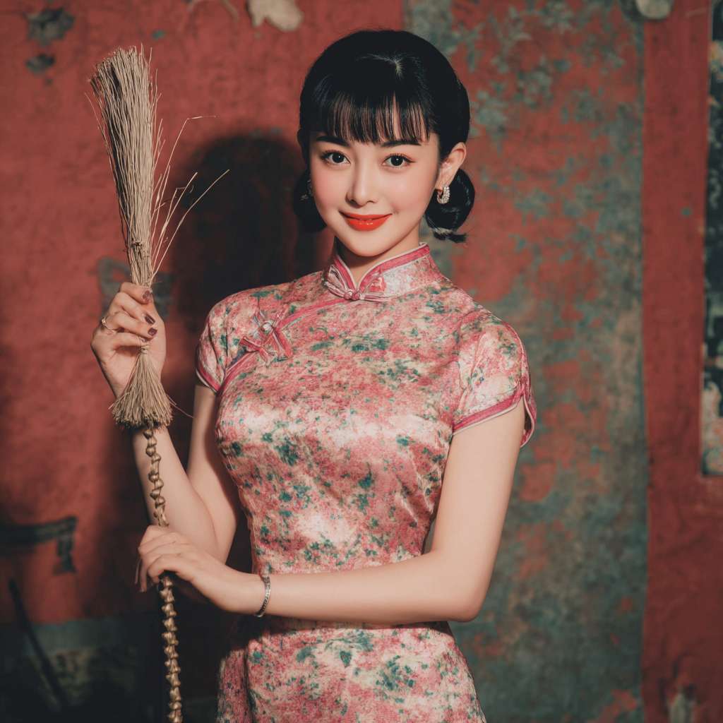 一个穿旗袍的东方美女，手拿一把扇子，对着镜头打招呼，面带微笑 --ar 1:1 --v 7 --stylize 100 --fast --no 水印