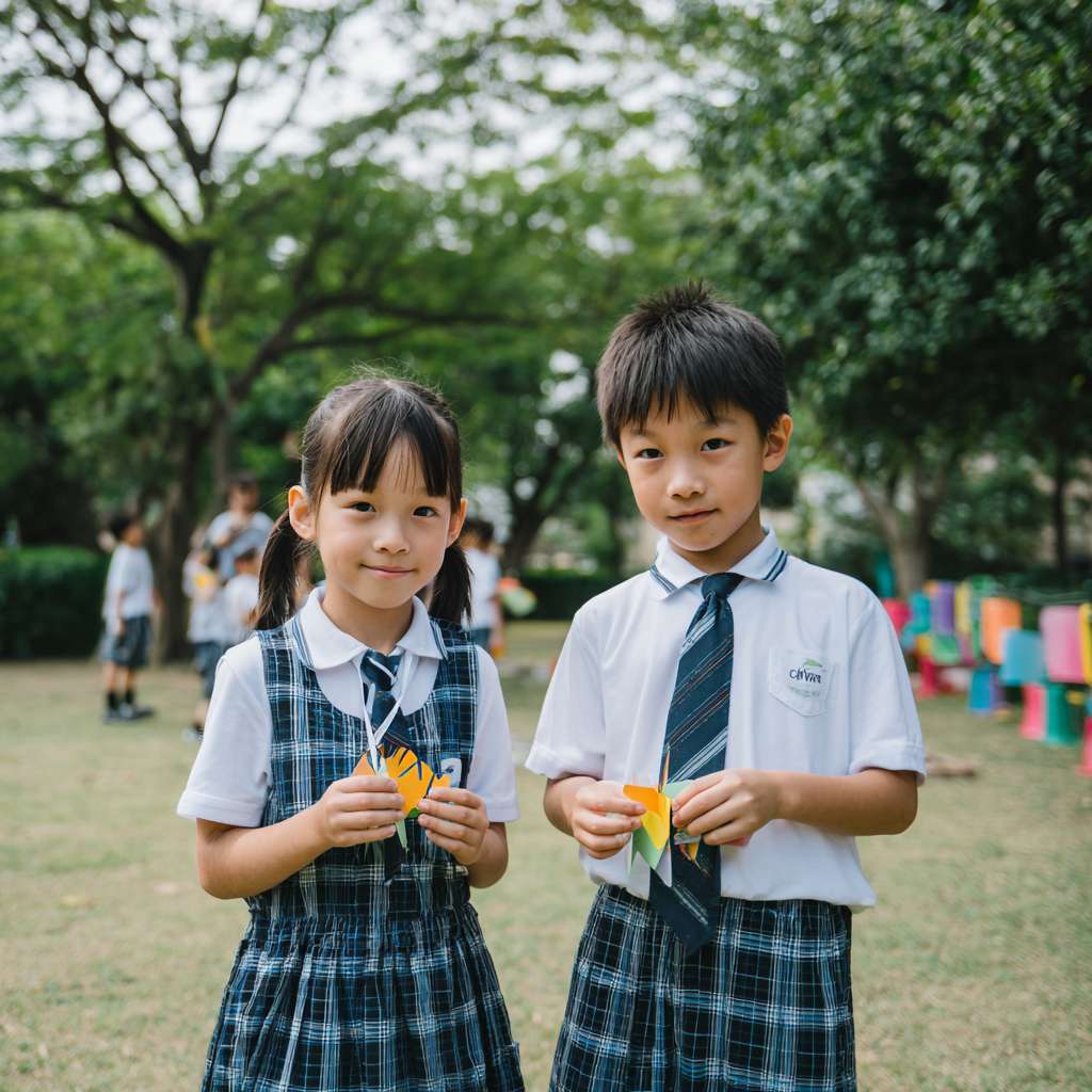兩位小六穿校服的學生們在校園裡拿著一個以老虎及熊貓為主題的紙手工 --ar 1:1 --v 7 --stylize 100 --fast --no 水印