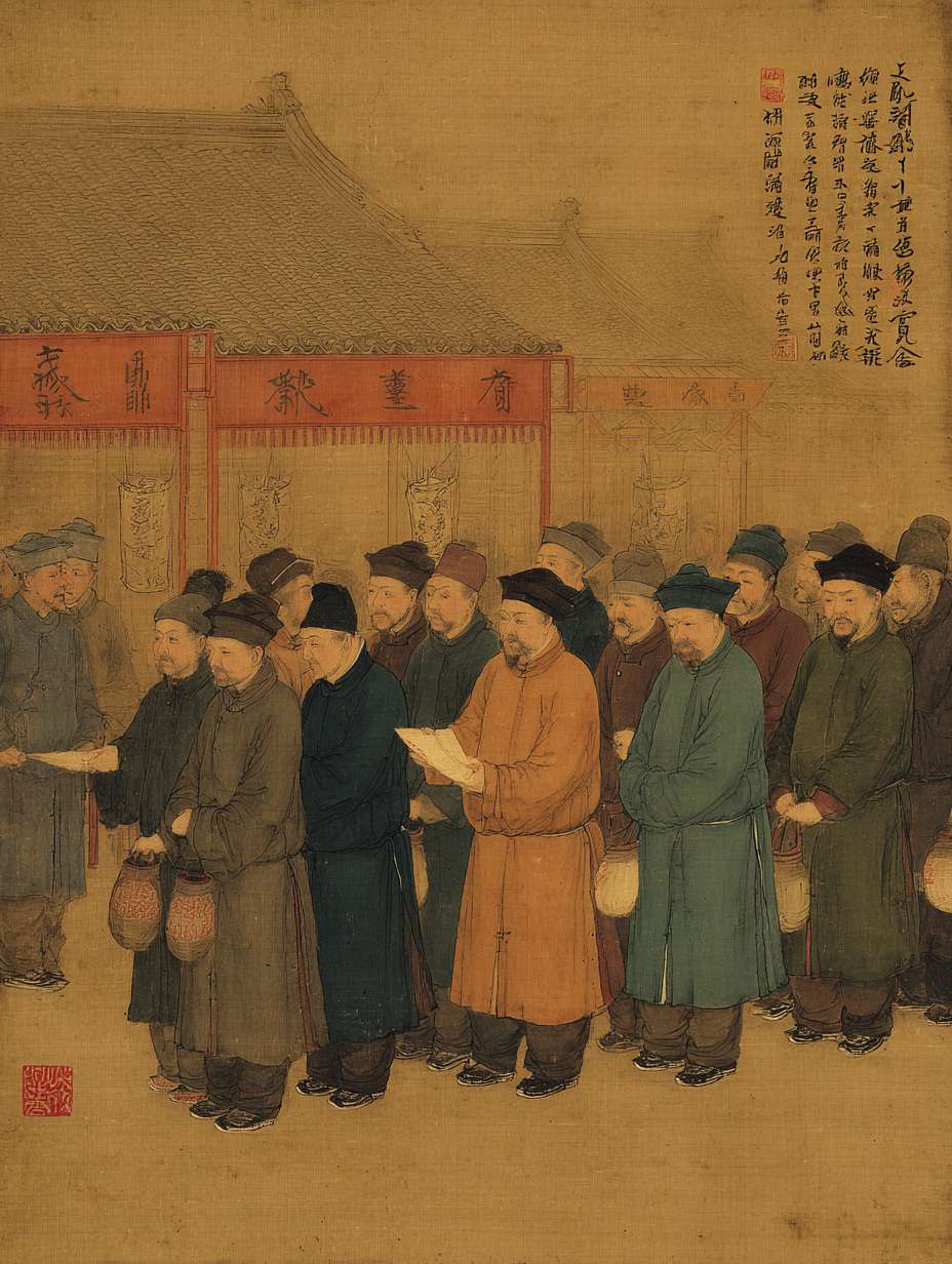 宋代官员向垄断商户征收重税场景，多家相同类型的店铺排列，官员手持法令文书，商户表情无奈，市集背景，暗黄色调，中国古风 --ar 3:4 --v 7 --stylize 100 --fast --no 水印