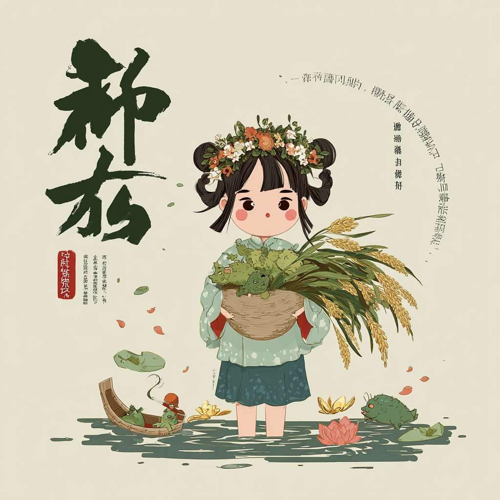 海报主题： 一张芒种的海报
标题： 正标用木刻版画风格字“芒种·忙种”，副标“青梅煮酒听夏长”
视觉主体： 圆形构图内戴花环的少女手捧麦束送花神，脚下河流飘着花瓣小船。外圈环绕芒种三候：螳螂生、鵙始鸣、反舌无声的卡通化神兽。
排版方式： 标题位于海报上方居中的位置
其他参数： 模型：图片3.0    比例：9:16 --ar 1:1 --v 7 --stylize 100 --fast --no 水印