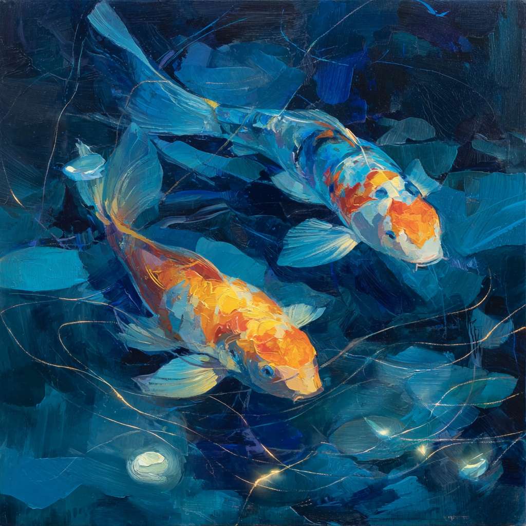 Dreamy blue depths with iridescent light and vivid koi, expressive strokes for fluid grace, abstract. --ar 1:1 --v 7 --stylize 100 --fast