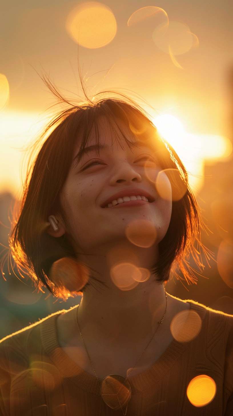 一则充满活力的广告，描绘了一位健康亚洲女性，在日出柔和的光线映衬下，凸显出她的活力和纯净。力求动静之间的平衡，笑容显示了生活的舒心，健康长久好生活。挑染发、不对称刘海、耳机、微笑、35mm、佳能、超广角、广角、视角、明暗对比、电影灯光、写实主义、超现实主义、浪漫主义、闪光、洛可可风格、UHD、高细节、超级细节、最佳质量、16k --ar 9:16 --v 6.0 --stylize 100 --fast