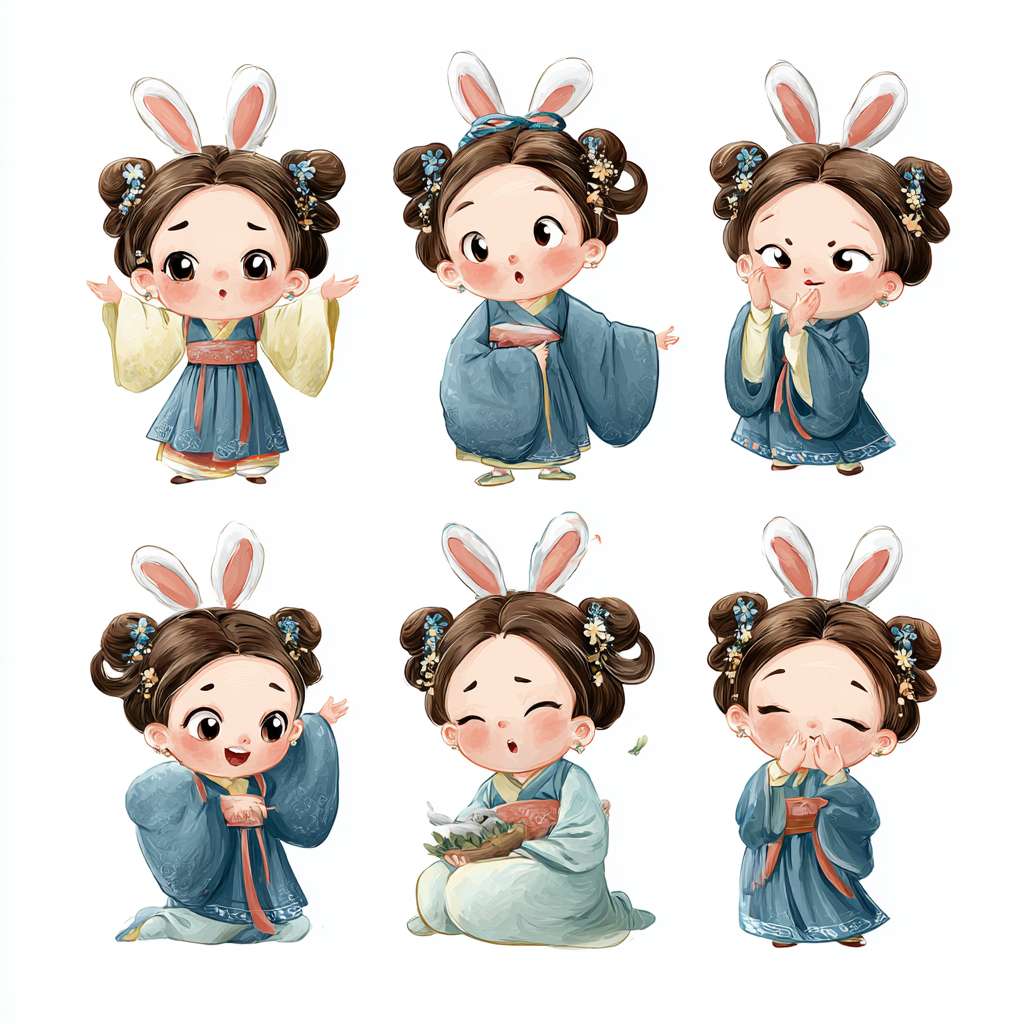 穿着汉服的小女孩，两只兔子耳朵，古典精致，全身图，9种姿势和表情，打招呼，谢谢，睡觉，离开，抱抱，可爱，伤心，大笑，失望，害羞，困倦，吃饭，头晕，表达爱意等，卡通动漫风格，各生成一张图片 --ar 1:1 --v 7 --stylize 100 --fast --no 水印