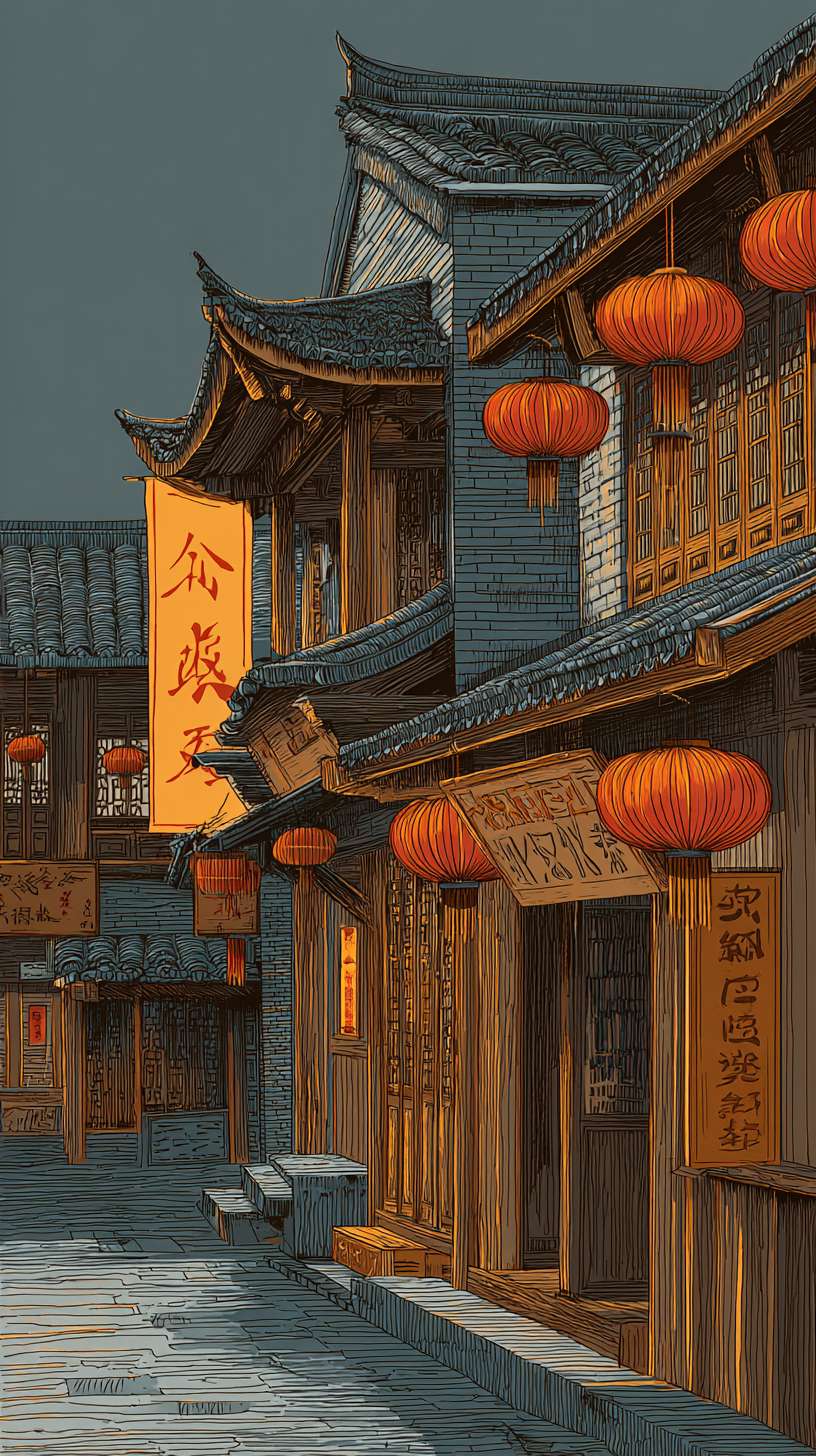 客栈-水墨风
构图:竖版近景,主体为两层木质客栈(临街门面),右侧屋檐延伸至画面外核心元素:- 客栈:斗拱结构(细墨线条)、木质门板(淡墨纹理)- 装饰:红色灯笼(3-4 个,挂于屋檐下)、酒旗(“XX 客栈” 毛笔字)- 地面:青石板路(淡墨横线条)
主色调:黄褐色(R160-180, G140-160, B110-130)辅助色:- 灯笼:朱红色(R180-200, G60-80, B60-80,饱和度≤60%)- 酒旗:米黄色(R190-200, G170-180, B140-150)统一适配:黄褐色明度与新手村灰蓝色保持一致,避免过暖刺眼
1. 客栈木质纹理笔触与武馆木人桩纹理一致2. 灯笼轮廓线条粗细与兵器架兵器线条一致3. 屋檐斗拱结构比例与新手村茅屋屋檐比例统一 --ar 9:16 --v 7 --stylize 100 --fast --no 水印