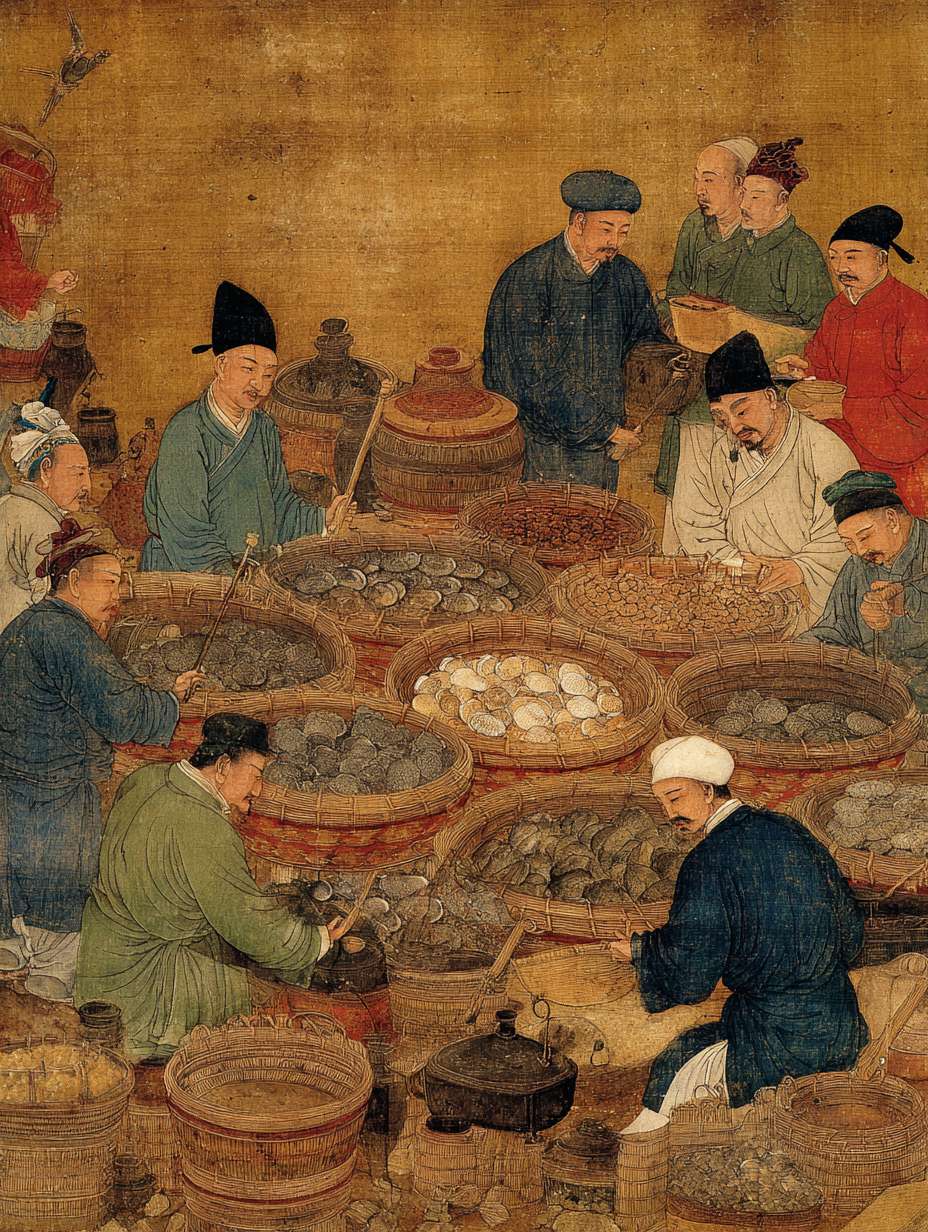 宋代高级食材市场场景，珍贵食材如鲍鱼、海参、燕窝等，厨师与供应商讨价还价，精致的宋代秤具和货币，市场繁华背景，暖金色调 --ar 3:4 --v 7 --stylize 100 --fast --no 水印