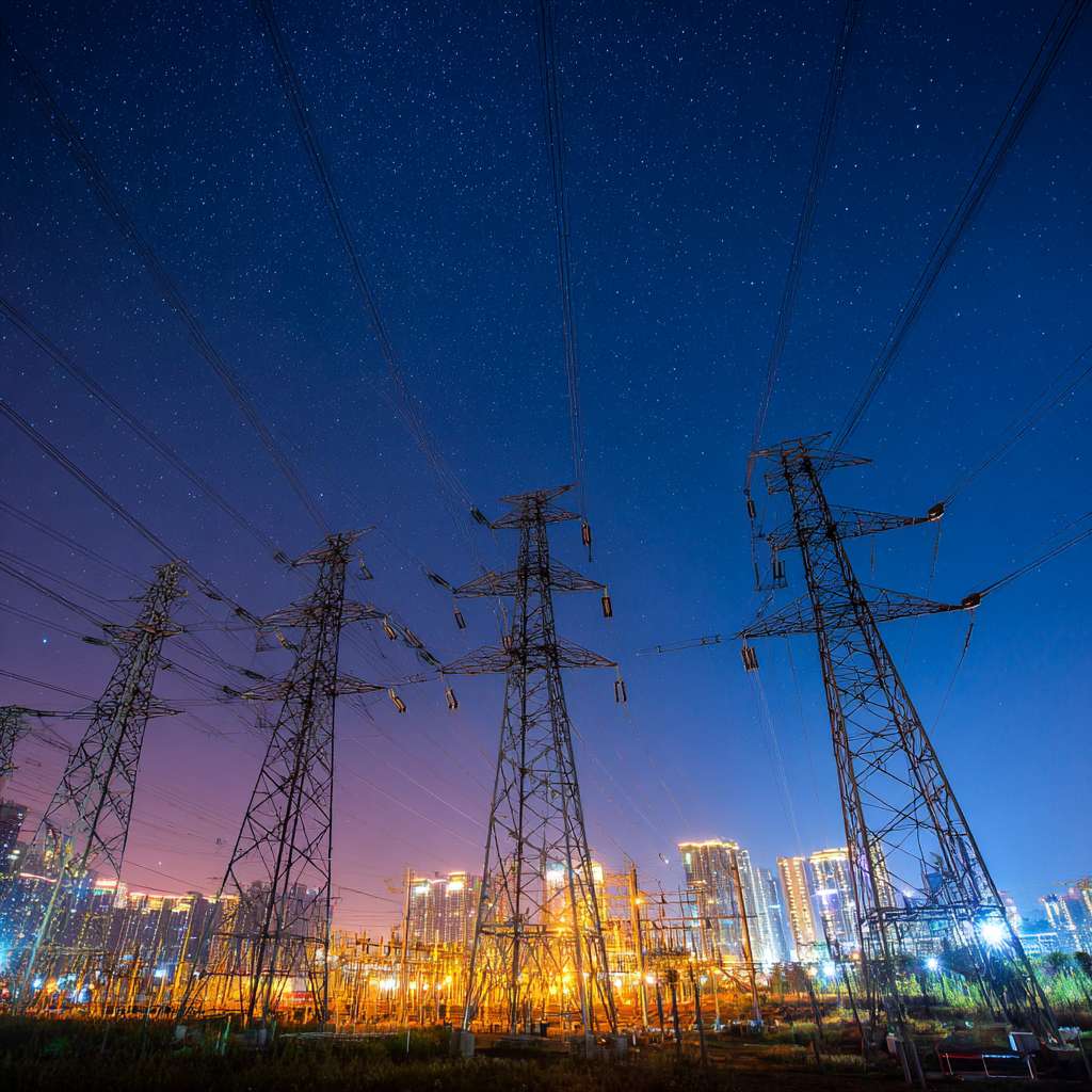 一张用于全国大学生职业规划大赛的图片，背景是深蓝色的天空，有电网控制中心和城市夜景，画面上方用大气醒目的字体写着‘守护电网中枢，点亮万家灯火’，下面是变电运行工程师，水电站与电力网技术专业，，画面下方有‘汇报人：XXX 指导老师：XXX 就业赛道’字样，字体样式与整体协调” --ar 1:1 --v 7 --stylize 100 --fast --no 水印