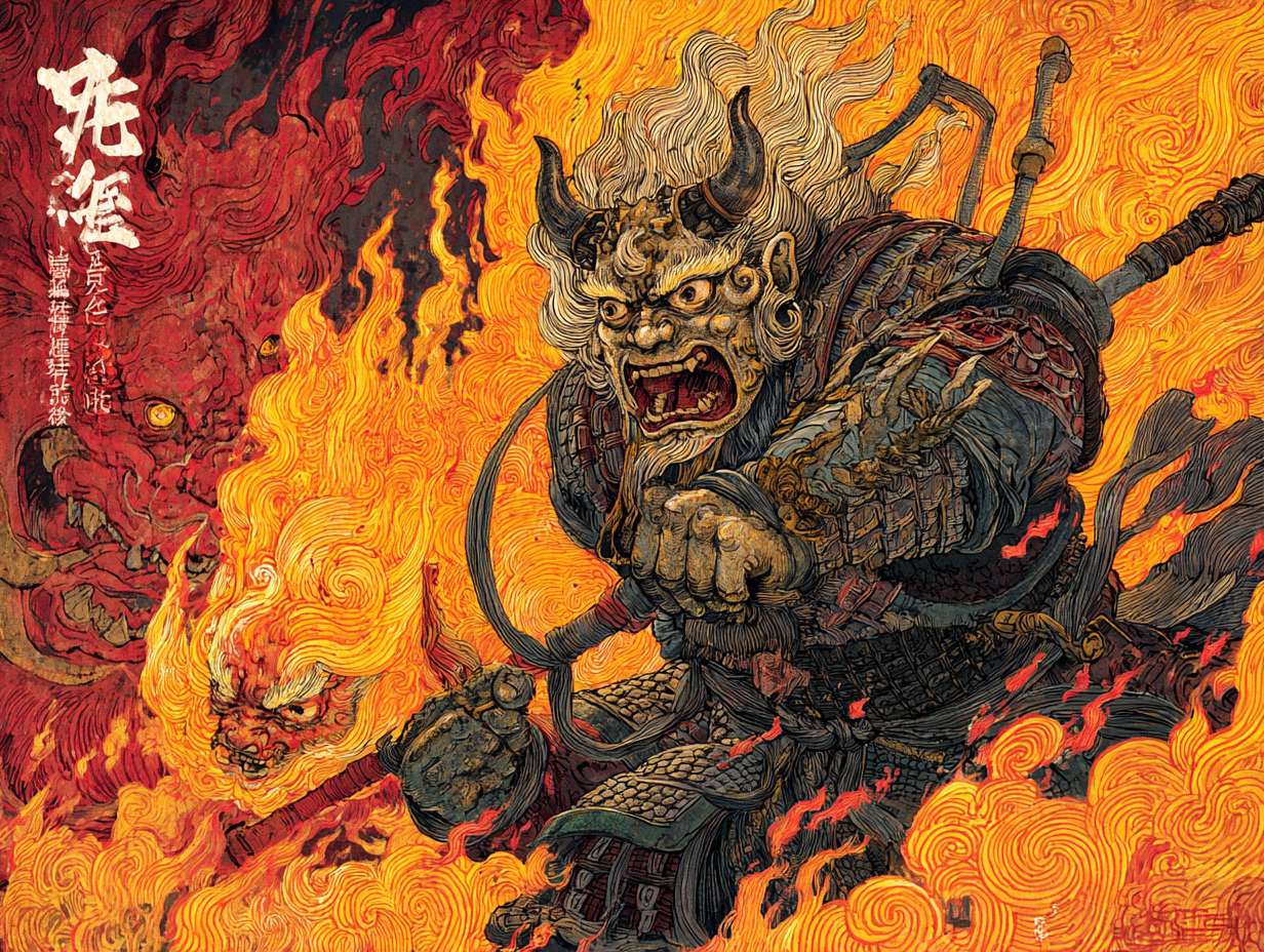 《哪吒重生》机械朋克风格，转世哪吒，桀骜，火焰特效 --ar 4:3 --v 7 --stylize 100 --fast --no 水印