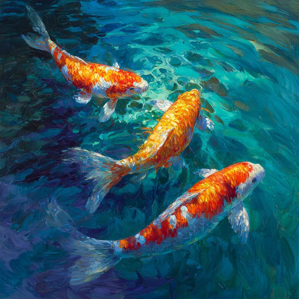 Dreamlike blue water and rippling color, koi fish shimmering with life, expressive brushwork capturing light and motion, oil. --ar 1:1 --v 7 --stylize 100 --fast