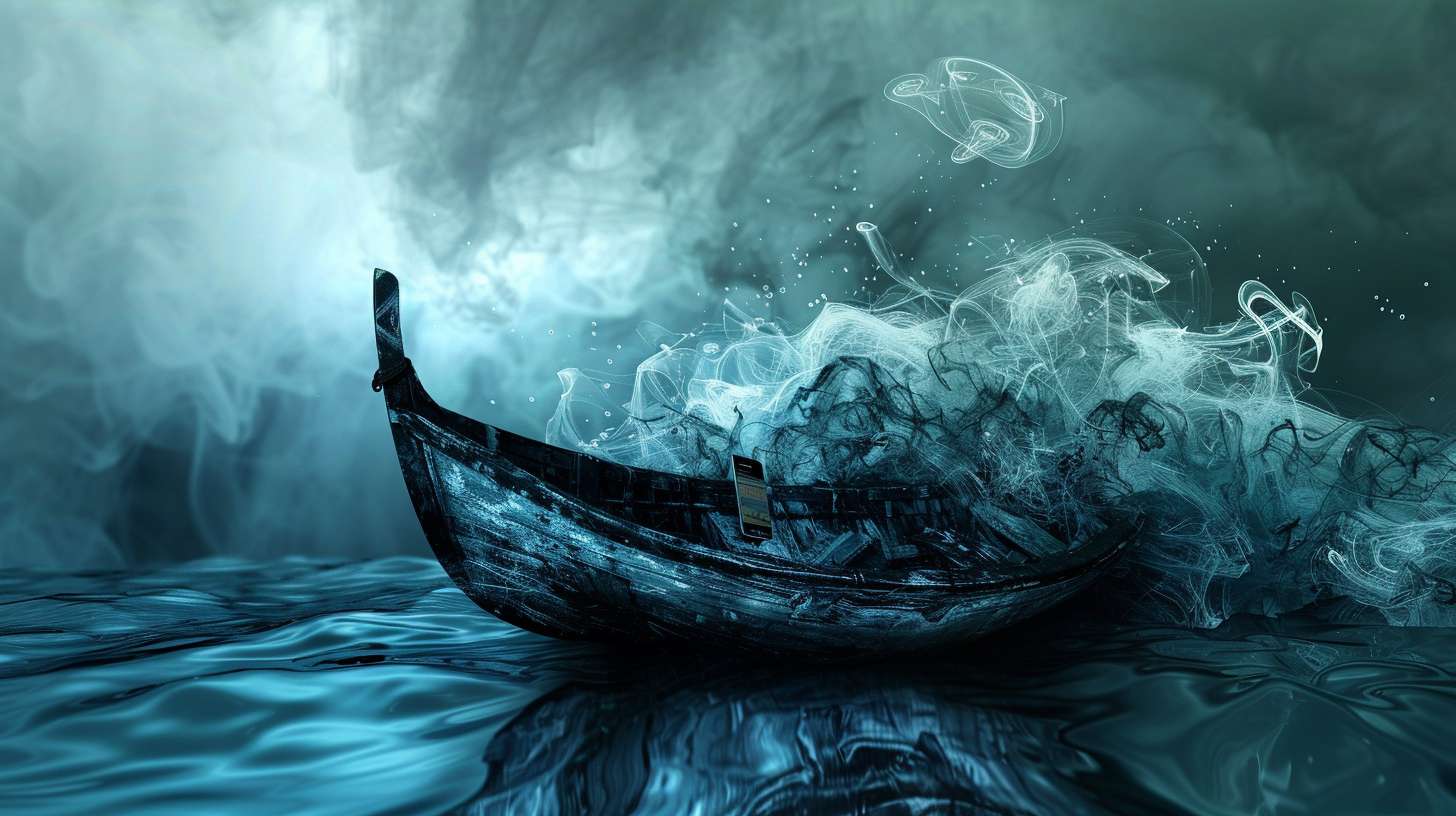 Glass boat floating in ink ocean, reflection shows smartphone sinking, surreal style, no text --ar 16:9 --v 6 --stylize 100 --fast