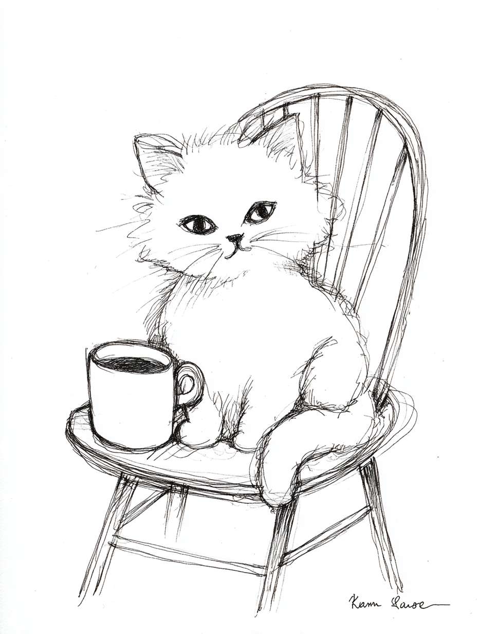 可爱的白色小橘猫，坐摇椅，喝茶，简笔画，手绘，背景留白，治愈系插画，富有童趣，笔触简单，有线条感，人物头顶空白处写卡通笔体文字“去爱你更爱的人吧，” --ar 3:4 --v 7 --stylize 100 --fast --no 水印