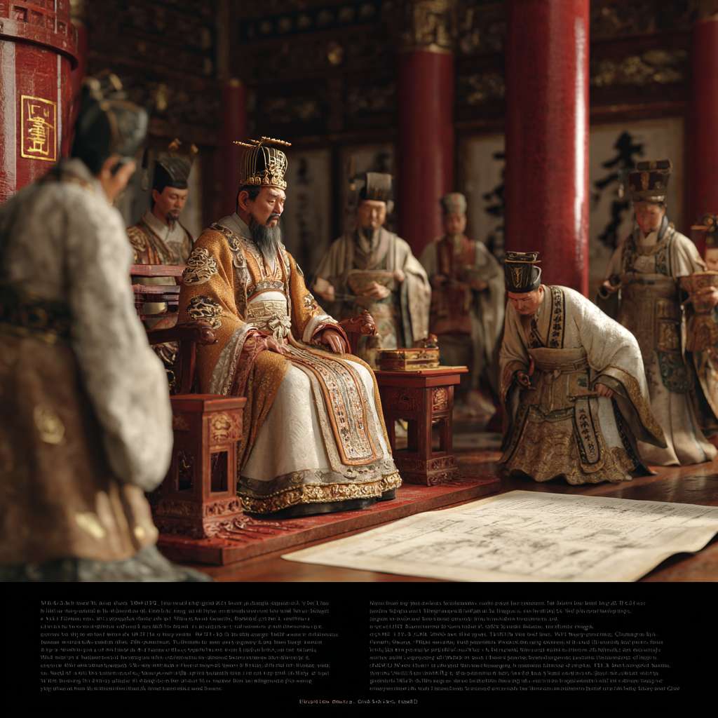 "Ancient Chinese palace hall, Northern Song dynasty, Emperor Taizong of Song sitting on a golden throne wearing a traditional imperial robe, King Qian Chu of Wuyue kneeling respectfully and presenting a rolled-up map, surrounded by Song dynasty officials and Wuyue envoys, highly detailed, cinematic lighting, historical accuracy, traditional Chinese architecture with red pillars and golden decorations, realistic style, 8K resolution, ultra-detailed." --ar 1:1 --v 7 --stylize 100 --fast