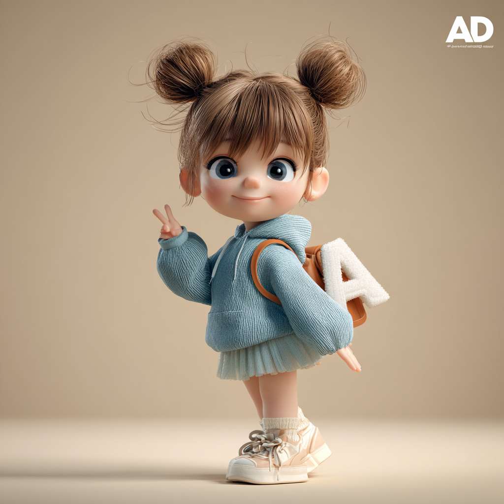 超精细3D渲染,Cinema 4D, Octane Render, 极致可爱灵动的小女孩IP形象,3-5岁, 圆润大头娃娃比例(2.8头身), 闪亮星星大眼睛, 蓬松柔软的棕色低双马尾, 苹果肌红晕, 温暖纯真微笑, 穿着淡蓝色连帽卫衣裙,蓬松裙摆,白色袖口领口滚边, 彩色小短靴, 背着迷你云朵造型双肩包, 发卡是闪亮的字母"A"形状, 小女孩走在回家的路上打招呼,整体马卡龙柔和色调, PBR材质: 细腻皮肤次表面散射,柔软棉布质感,光泽头发丝, 梦幻通透光影, 柔焦背景渐变, 极简抽象场景, 头上方留白再多一些,英语启蒙教育主题, 超高清细节, 8K分辨率 --ar 1:1 --v 7 --style raw --stylize 100 --fast --no realistic,photo,human proportions,scary,complex background,水印
