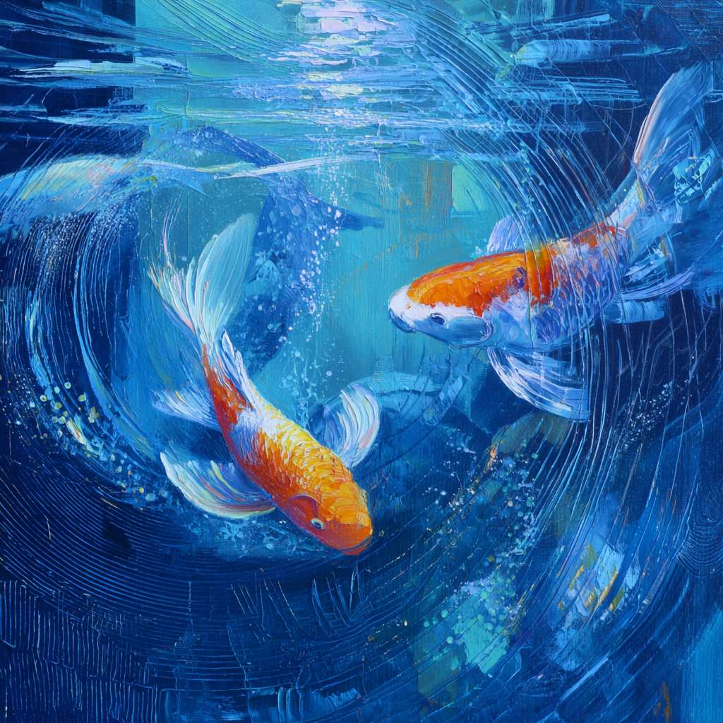Surreal blue aquarium with dynamic koi and refracted light, bold strokes for waves, delicate strokes for scales, abstract energy. --ar 1:1 --v 7 --stylize 100 --fast
