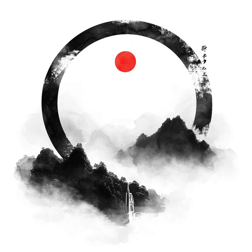 Chinese ink painting style, circular Tai Chi symbol, black and white with single red dot, surrounded by faint misty mountains, pure white background, minimalist Zen style, no text, no watermark --ar 1:1 --v 6 --style raw --stylize 100 --fast