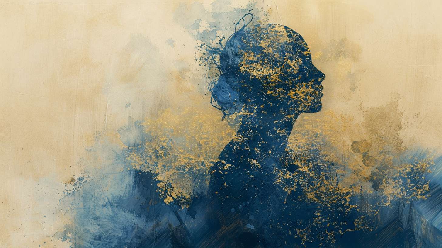 Abstract representation of mindfulness, flowing ink brush strokes forming a meditating figure, blending with nature elements, soft gradients of indigo and gold, symbolic of presence and awareness, wabi-sabi aesthetic with imperfect beauty --ar 16:9 --v 6 --stylize 100 --fast
