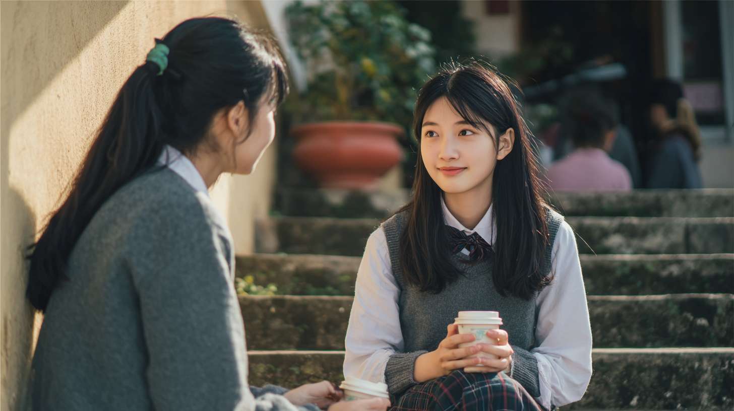江滩石阶上，两位主角（大学生 A 和 B）背对镜头而坐，手捧热干面轻轻碰杯，形成剪影 --ar 16:9 --v 7 --stylize 100 --fast --no 水印