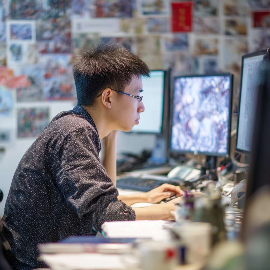 生成一个中国男孩在公司里面用电脑的图片 要有公司的氛围 --ar 1:1 --v 7 --stylize 100 --fast --no 水印