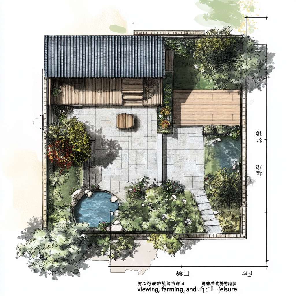 请根据以下描述生成一个建筑平面图。一、庭院功能分区与动线规划
1. 前院(迎宾景观区)
尺寸:4m×8m(靠近主入口)
核心元素:
中式门廊:悬挑1.5m宽灰瓦檐廊,地面铺青石板,设木质长凳供休憩。
曲径通幽:鹅卵石拼花小径(宽0.8m)蜿蜒至入口,两侧种植修水本地毛竹、蕨类。
水景点睛:利用小溪活水引入小型叠水景(宽1m×长2m),配石磨盘流水装置。
2. 侧院(实用功能区)
功能复合:
农具收纳:竹篱笆围合2m×3m工具间,顶部攀缘凌霄花遮阳。
晾晒区:防腐木平台(3m×3m),配可收放晾衣绳。
3. 后院(私密休闲区)
设计要点:
亲水平台:防腐木搭建挑台(4m×3m)延伸至溪边,设固定藤编桌椅。
生态菜园:阶梯式种植箱(1.2m高,方便老人操作),种植辣椒、薄荷等易打理作物。
夜景观赏:沿溪悬挂竹编灯笼,安装太阳能草坪灯(色温2700K暖光)。
二、中式美学细节设计
元素 实现方式 成本控制技巧
围墙 1.2m高青砖基座+上部竹格栅(间距15cm) 基座用本地红砖刷青灰漆,节省30%成本
地面铺装 60%青石板(主径)+30%砾石(排水带)+10%防腐木(平台) 砾石层下铺土工布防杂草
植物搭配 上层:桂花(香氛)+ 红枫(秋色)
中层:南天竹+芭蕉
下层:麦冬+矾根 选择2-3年生苗木,本地采购降低运费
小品装饰 旧石槽改荷花池、陶罐组合盆景、仿古拴马石 利用老物件再造景,文化感强且低成本
三、气候适应性设计
防潮排水
地面整体坡度3%向小溪方向倾斜,砾石排水沟沿建筑周边设置。
亲水平台底部架空10cm,采用菠萝格防腐木(耐湿性优于杉木)。
夏季遮阳
廊架顶部覆盖50%透光率的竹编遮阳板,搭配紫藤、葡萄等攀缘植物。
东西侧种植常绿女贞树篱(高2.5m),阻挡午后西晒。
冬季防风
北侧用木槿+珊瑚树混植绿篱(密度0.8m/株),降低冷风侵袭。
休息区设可拆卸透明防风帘(亚克力板+木框),冬季临时加装。
四、适老化安全设计
无障碍通行:所有通道宽度≥1m,无台阶设计,门槛高差<1cm。
防滑处理:青石板表面做荔枝面处理(摩擦系数≥0.6),木平台加防滑凹槽。
应急便利:
休憩区每10m设一键呼叫按钮(直连老人房报警器)。
夜间路径灯带嵌入地面(照度50-100lux),自动感应启动。
五、成本优化方案(预算3-5万元)
项目 推荐做法 单价参考
硬质铺装 本地青石板(60元/㎡)+ 砾石(30元/㎡) 1.2万元(约200㎡)
木作 菠萝格防腐木平台(350元/㎡) 1.5万元(40㎡)
绿化 本地苗木+自播草花 0.8万元(含土壤改良)
水景 小型循环水泵+旧石槽改造 0.3万元
照明 太阳能庭院灯+LED灯带 0.4万元
六、四季景观搭配建议
季节 观赏焦点 植物选择
春 入口紫藤花廊 紫藤、杜鹃、迎春
夏 荷池与芭蕉听雨 荷花、芭蕉、茉莉
秋 红枫与桂花香径 红枫、桂花、菊花
冬 竹石景观与常绿树 毛竹、南天竹、茶梅
七、施工注意事项
管线预埋:庭院照明线路穿PVC管埋深≥40cm,预留智能灌溉接口。
植被养护:芭蕉、竹子等根系发达植物需距建筑基础≥2m。
生态保护:溪边保留1m原生植被缓冲带,防止水土流失。
效果示意:
日景:白墙黛瓦掩映竹影,青石小径蜿蜒至溪边,木平台上老人闲坐品茶。
夜景:竹灯笼暖光映照水面,麦冬草间的萤火虫灯星星点点,宛如水墨画卷。
通过功能复合、在地材料利用和精细化适老设计,可在有限预算内实现“观景、务农、休闲”三合一的舒适庭院。 --ar 1:1 --v 6.1 --stylize 100 --fast