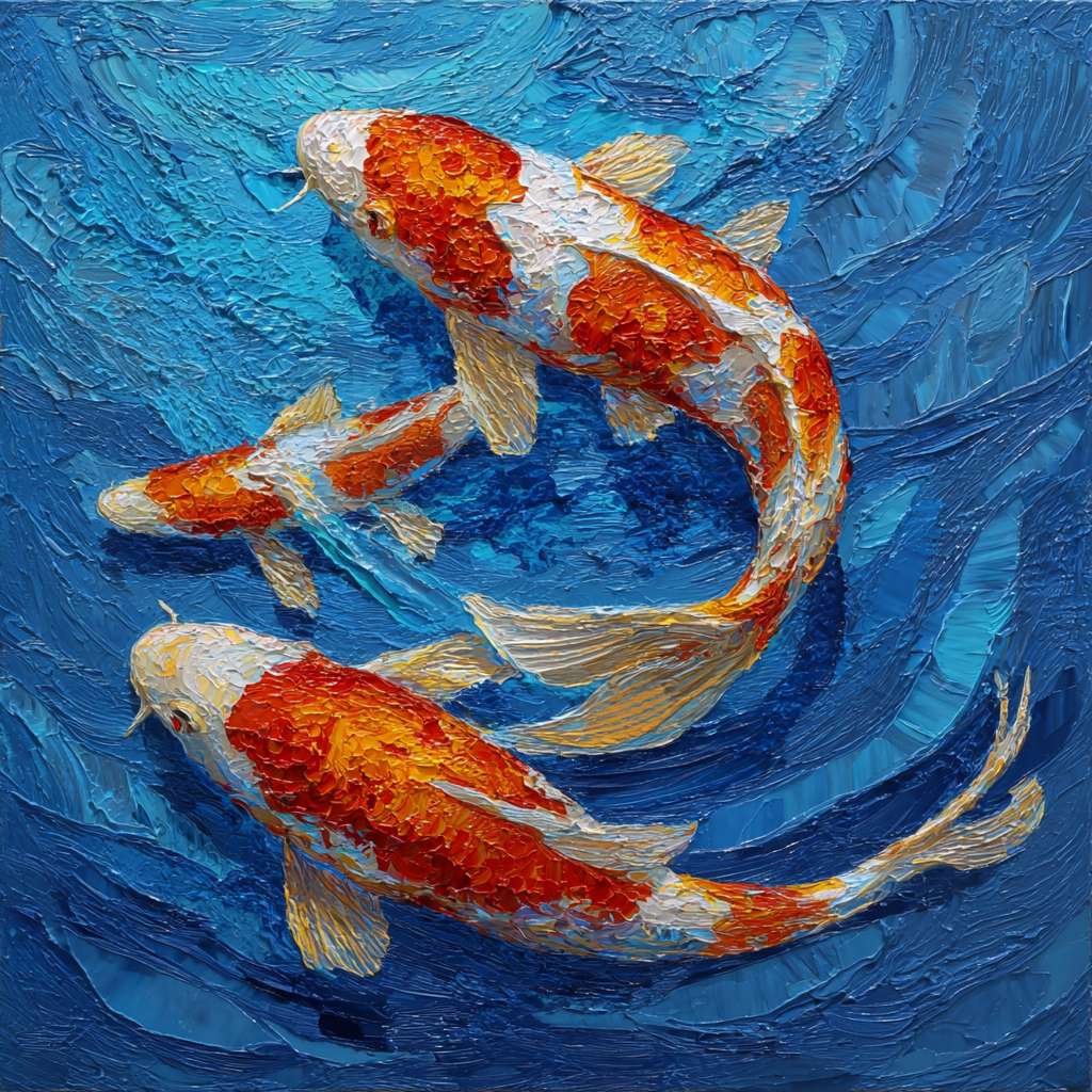 Surreal koi in blue aquatic world, 五彩光影 refracting through water, thick impasto for waves, thin lines for fish contours, oil. --ar 1:1 --v 7 --stylize 100 --fast --no 水印