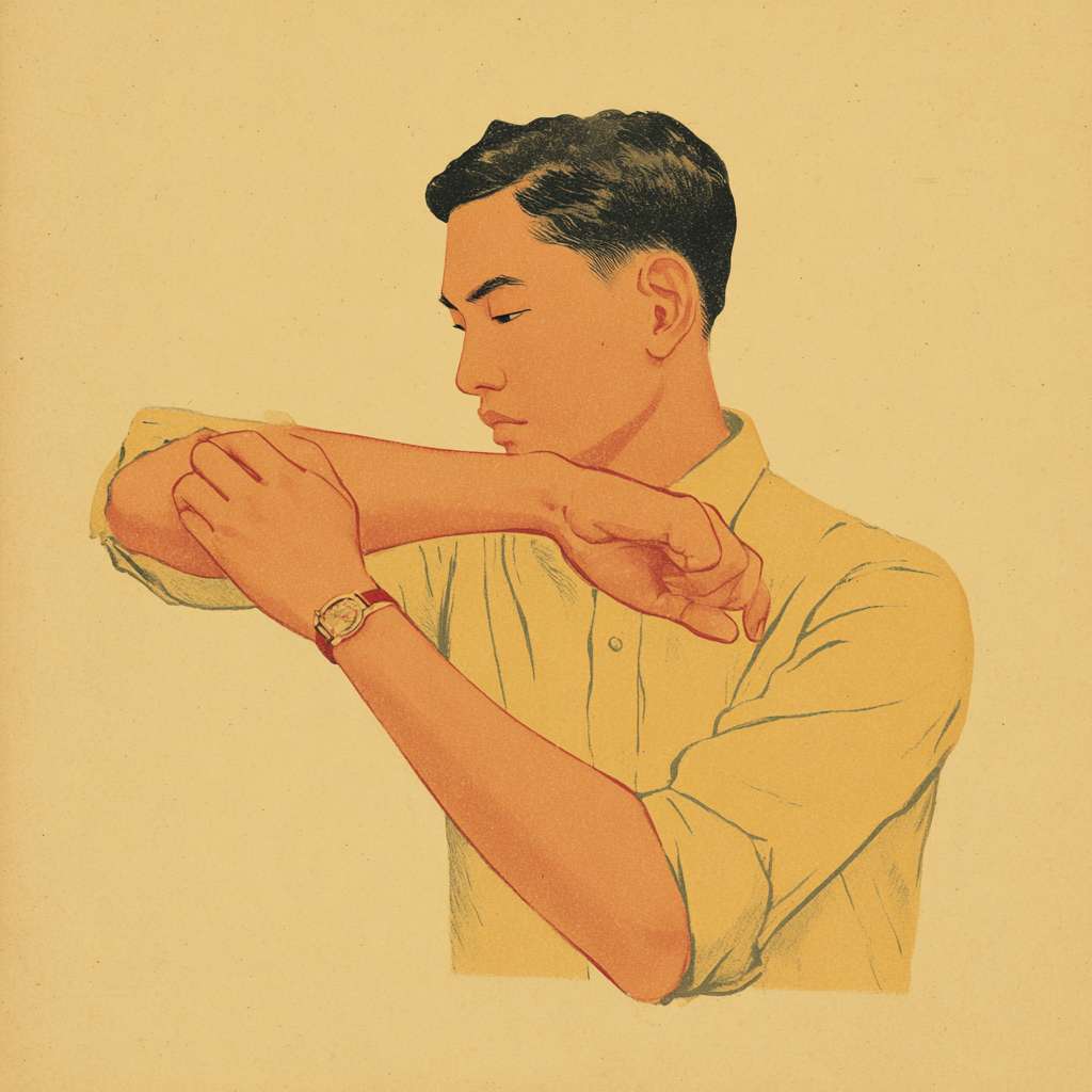 A picture of an Asian person  slapping their cubital fossa --ar 1:1 --v 7 --stylize 100 --fast