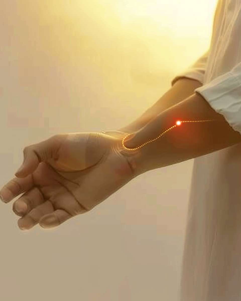 https://img-xpc-mj0.xpccdn.com/prod/upload/46ffa9be-74ce-4ccb-952c-f799c9bcc736/%E6%8B%8D%E8%82%98%E7%AA%9D%E5%8F%82%E8%80%83%E5%9B%BE.jpg~tplv-5yakomv5zn-auto-v1%3A1024%3A0%3Aq75.jpg An Asian person dressed in ancient style, gently tapping their elbow, with red acupuncture points glowing, soft golden light, minimalist medical illustration style, no text --ar 4:5 --v 6 --stylize 100 --fast --iw 1