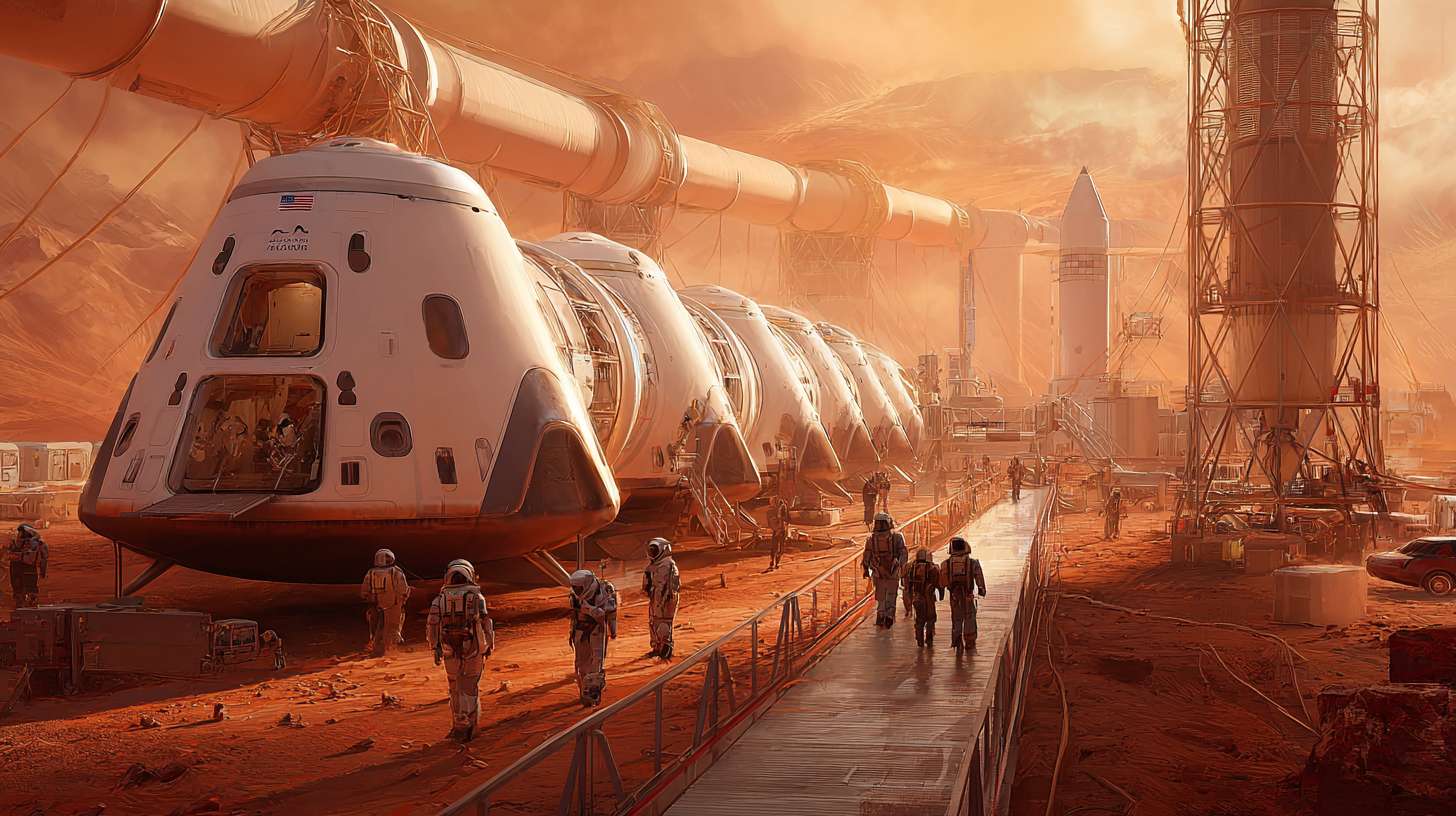 火星环境，菱形太空舱，长长的走廊内部，结构连接柱，火星基地，橘红色 --ar 16:9 --v 7 --stylize 100 --fast --no 水印