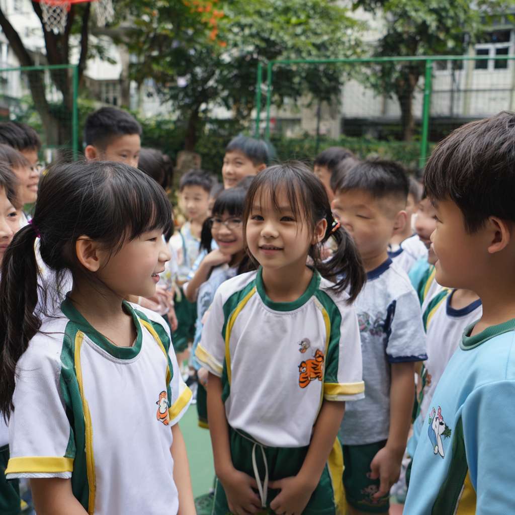 一班小六穿校服的學生們在校園裡圍成一個半圓形，以卡通的風格展示穿山甲、老虎、水獺、熊貓、飛鼠、龜等等的瀕危物種，讓學生們一起將積木併上瀕危動物圖案上 --ar 1:1 --v 7 --stylize 100 --fast --no 水印