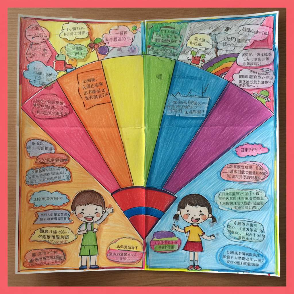 幼儿园大班布置推广普通话手抄报作业，如何构思一个画面鲜明、主题突出、以图为主的手抄报内容。
一、整体构图：一个大大的“喇叭”当主角
画一个几乎占满纸的彩虹色大喇叭（圆锥形+喇叭口），象征“把普通话传遍天下”。
喇叭口朝右上角，自然形成“对角线构图”，空白处正好放文字。
喇叭里“喷”出 4 个彩色气泡，每个气泡里画一幅小图，对应 4 句童谣。
二、4 句“一看就会读”的童谣（每句 5～7 个字，方便孩子描红）
把 4 句童谣分别写进 4 个气泡里，字大、描红、加拼音，老师家长一眼能读。
① 举起彩虹小喇叭
② 大家来说普通话
③ 字正腔圆顶呱呱
④ 祖国妈妈笑哈哈
三、配角让画面“活”起来
喇叭左下画 2 个小朋友，一个汉族、一个少数民族（加小辫子或特色服饰），一起张大嘴做“a—o—e”口型，体现“大家都说普通话”。
喇叭右下画一只卡通“话筒精灵”（给话筒画手脚、笑脸），手拿“五星小贴纸”，暗示“说得棒就奖励”。
背景用淡色中国地图剪影（或只画几座不同颜色的小房子），表示“普通话传四方”。
四、颜色搭配口诀
“喇叭彩虹色、人物原肤色、背景淡蓝绿”，保证主角色彩炸、背景不抢戏。
五、标题 
大家来说普通话
六、手工加分小技巧
喇叭口边缘贴一圈金色亮粉胶，太阳一照“闪”——抓眼球。
4 个气泡用泡沫胶垫高 3 mm，立体又好玩。
把童谣字做成小拉环，孩子能来回拉动，互动感满满。 --ar 1:1 --v 7 --stylize 100 --fast --no 水印