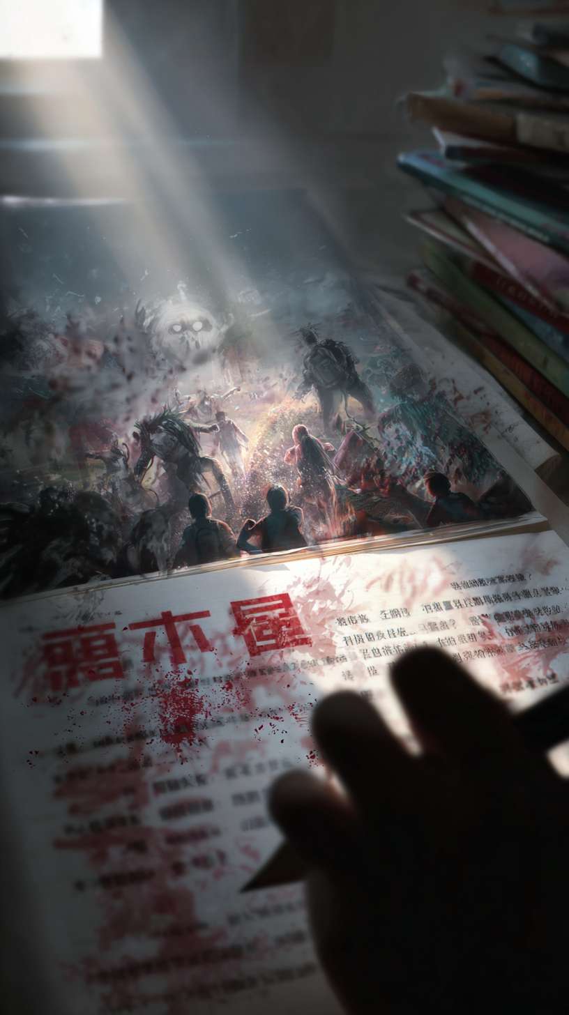 快速交叉剪辑：1) 游戏屏幕中，充满“侠义”字样的高度模糊化战斗画面；2) 现实中的课桌桌面，出现用红笔涂鸦的暴力图案（镜头快速带过，部分像素化处理）。一只手将一本《法律基础》推入画面阴影中。最后是一个仰视镜头：几个模糊的、具有威胁感的学生身影轮廓，挡住阳光，营造压抑感。 --ar 9:16 --v 7 --stylize 100 --fast --no 水印