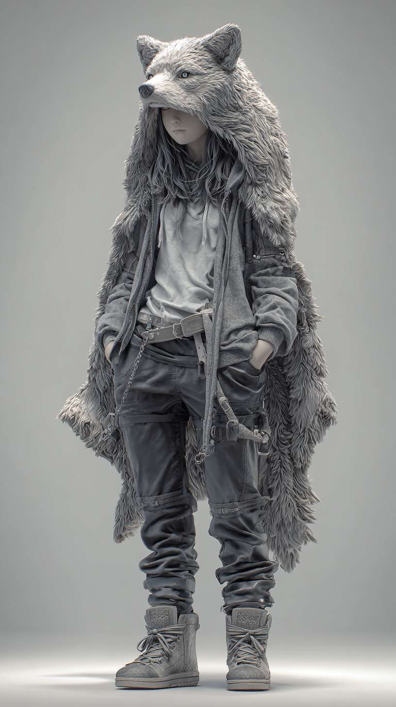 3d,Full-length character drawing,A girl with a wolf skin hood --ar 9:16 --v 7 --stylize 100 --fast