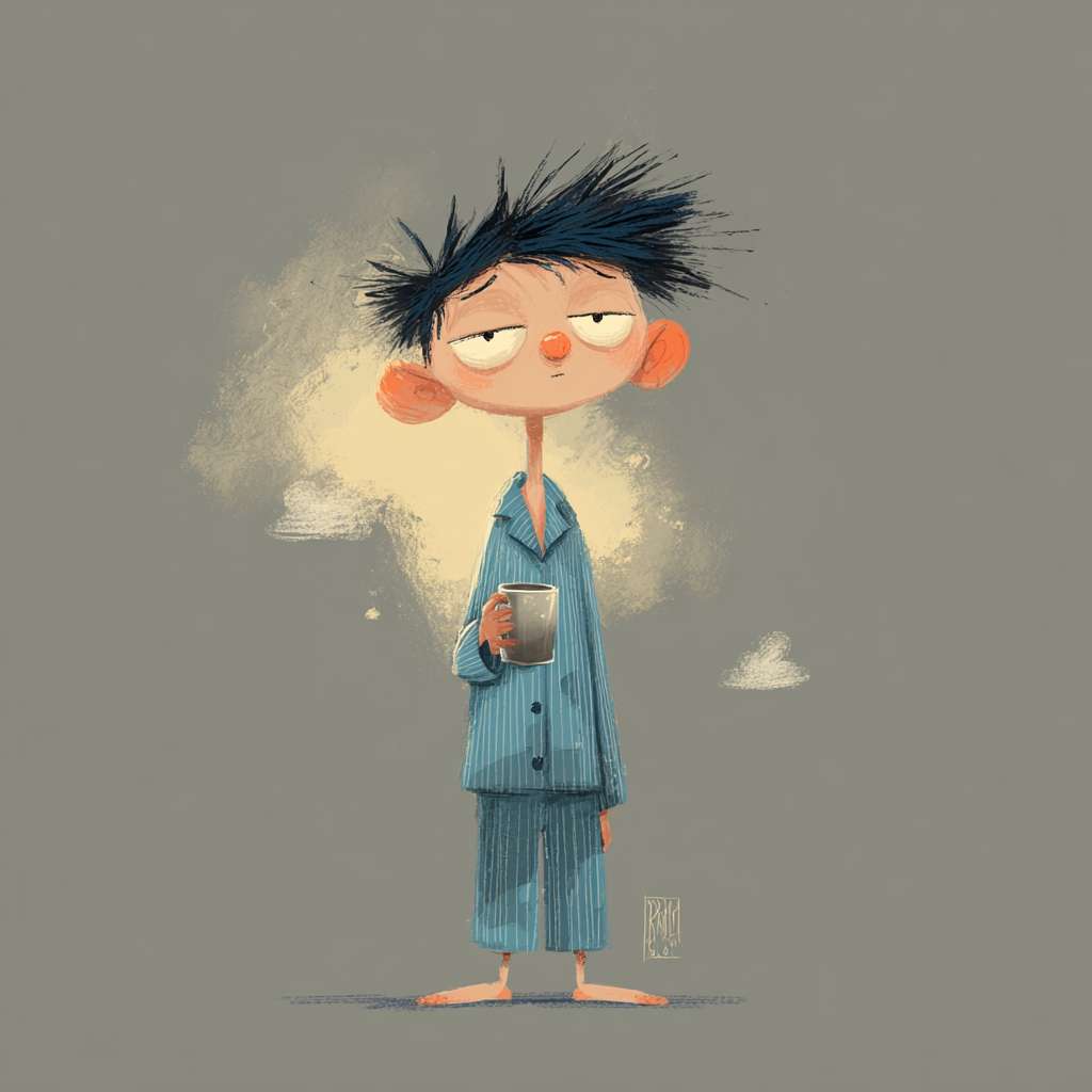 治愈系Q版插画，大头小身体的男生，炸毛的黑色短发，穿着宽松的蓝色条纹睡衣，睡眼惺忪地拿着玻璃杯喝水，灰色渐变背景，有白色小云朵，扁平可爱风 --ar 1:1 --v 7 --stylize 100 --fast --no 水印