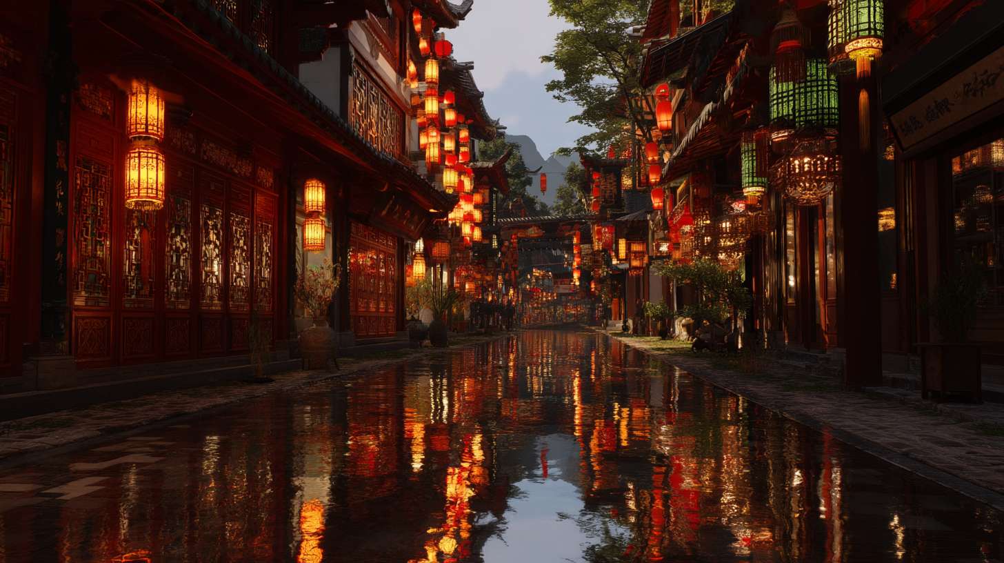 Unreal Engine 5 rendering, in this awe-inspiring panorama of the Great Tang Dynasty's golden age, the composition centers on the bustling Vermilion Bird Street of ancient Chang'an city, where streams of horses and carriages flow endlessly, with tang citizens and foreign merchants jostling in vibrant crowds, camel caravans laden with goods moving slowly through the scene, flanked by vermilion wooden structures with fluttering wine banners and shop signs creating dynamic patterns, lanterns hanging high under the eaves, at dusk, the sky is painted with warm golden sunset clouds, blending brilliantly with the red walls and green tiles of the architecture, the color palette dominated by rich gold and vermilion hues, accentuated by jade green and sapphire blue from merchant silks, while lanterns emit warm yellow glows, making the entire scene resplendent and dazzling, the lighting effects show remarkable depth, the sunset's afterglow drapes buildings in golden veils, lantern light spots dance on the bluestone pavement, camels and pedestrians cast elongated silhouettes, warm candlelight shines through shop windows, merging with the twilight clouds into a flowing radiance, the whole street is filled with lively atmosphere, camel bells echoing and human voices buzzing, perfectly recreating the cosmopolitan splendor of the Tang Dynasty that attracted myriad nations. --ar 16:9 --v 7 --c 20 --quality 4 --stylize 100 --fast