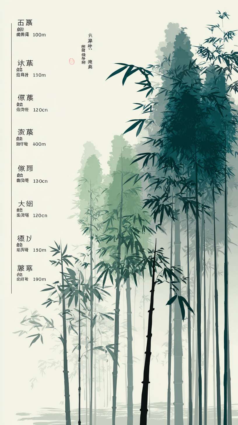 竹林
构图:竖版纵深,前景 3-5 根竹子(完整竹干 + 竹叶),中景竹林密集(简化细节),背景薄雾笼罩核心元素:- 竹干:浓墨垂直线条(底部稍粗、顶部渐细)- 竹叶:“个” 字形淡墨点画(分组排列)- 薄雾:大面积淡墨留白(覆盖中远景)
主色调:青绿色(R120-140, G160-180, B130-150)辅助色:- 竹干阴影:深绿色(R100-120, G140-160, B110-130)- 薄雾:灰白色(R220-230, G220-230, B220-230)统一适配:青绿色饱和度≤40%,与客栈暖色调形成对比但明度统一
1. 竹叶点画笔触与新手村树叶笔触一致2. 薄雾晕染范围与山间小路的云海晕染范围比例一致(占画面 1/4)3. 竹干线条硬度与武馆兵器架线条硬度匹配 --ar 9:16 --v 7 --stylize 100 --fast --no 水印
