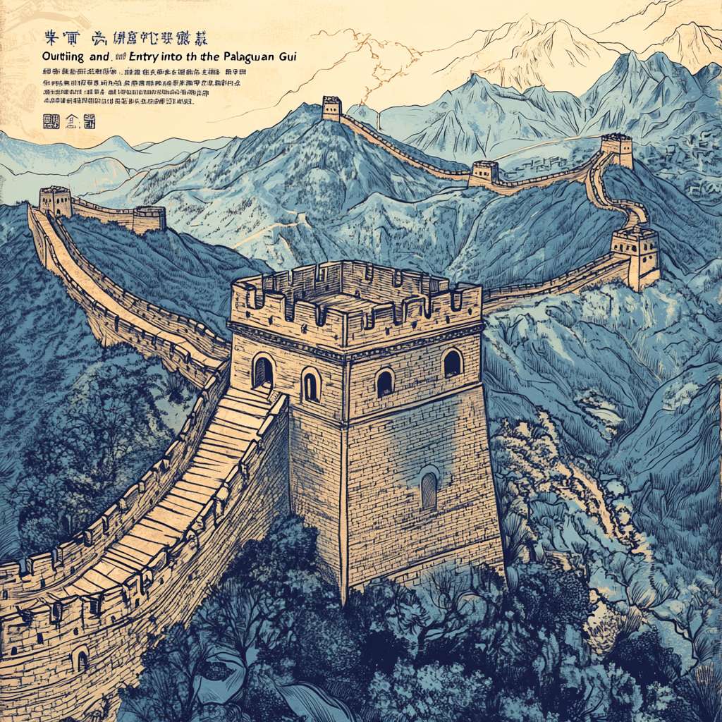 长城箭垛造型负形构成主轮廓，数字化山水皴法层模拟燕山肌理，底部驿道水波纹采用明代出警入跸图线描技法，霁蓝背景融合金丝云雾特效，标题"南关簋"使用板栗色渐变台阁体，新中式极简风格，铜质氧化边缘处理，竖版移动端界面，高对比度光影 --ar 1:1 --v 6.1 --stylize 100 --fast
