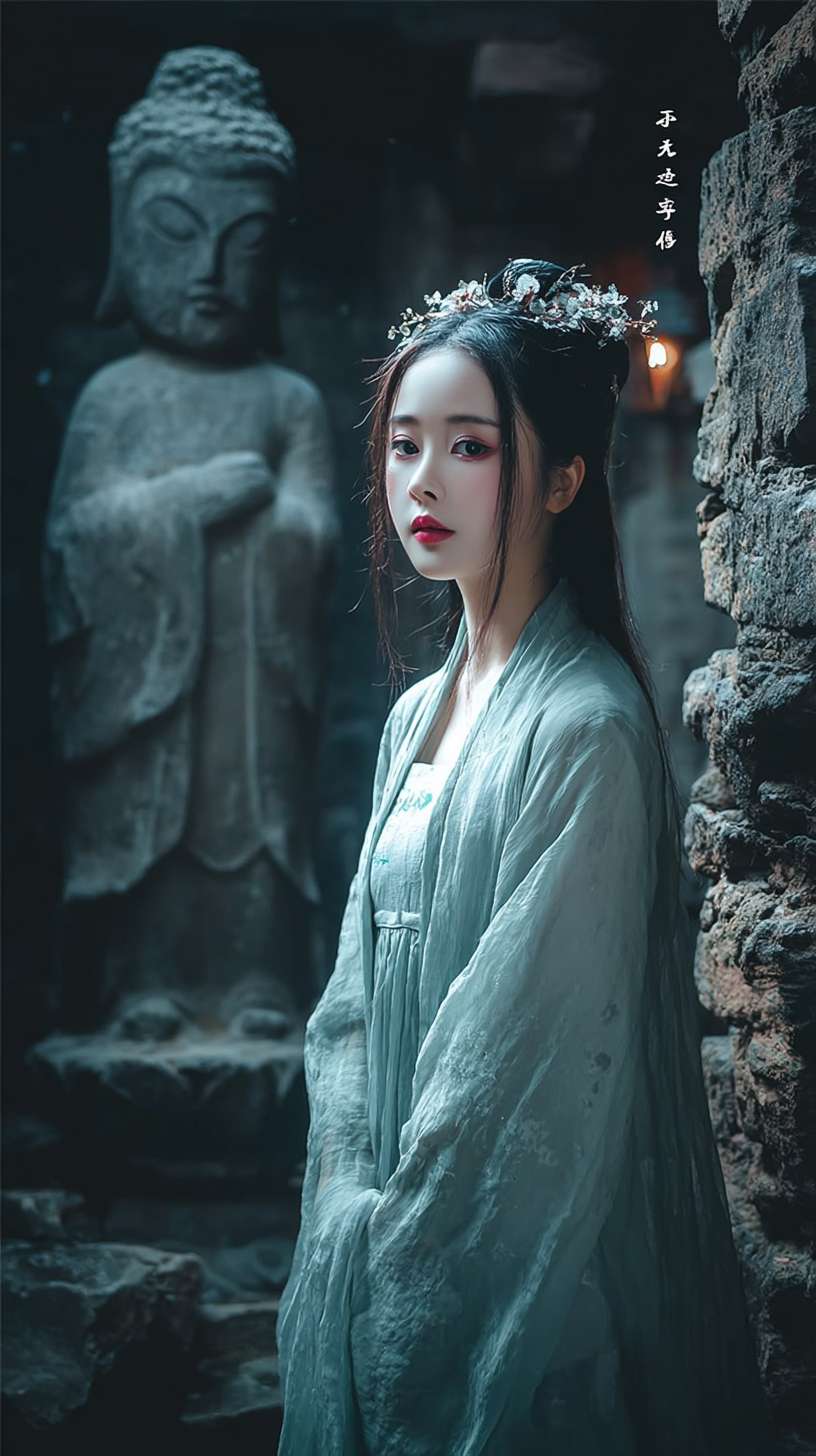 https://img-xpc-mj0.xpccdn.com/prod/upload/0848c7ae-1ee4-4394-87aa-9cb112a99c60/2-1.png~tplv-5yakomv5zn-auto-v1%3A1024%3A0%3Aq75.jpg 参考图片中的女人和佛像：一个身着飘逸青衣的绝美女子从破败的寺庙的佛像柱子后缓步走出，容貌清丽脱俗，眼神带着一丝哀愁。 --ar 9:16 --v 7 --stylize 100 --fast --iw 1 --no 水印