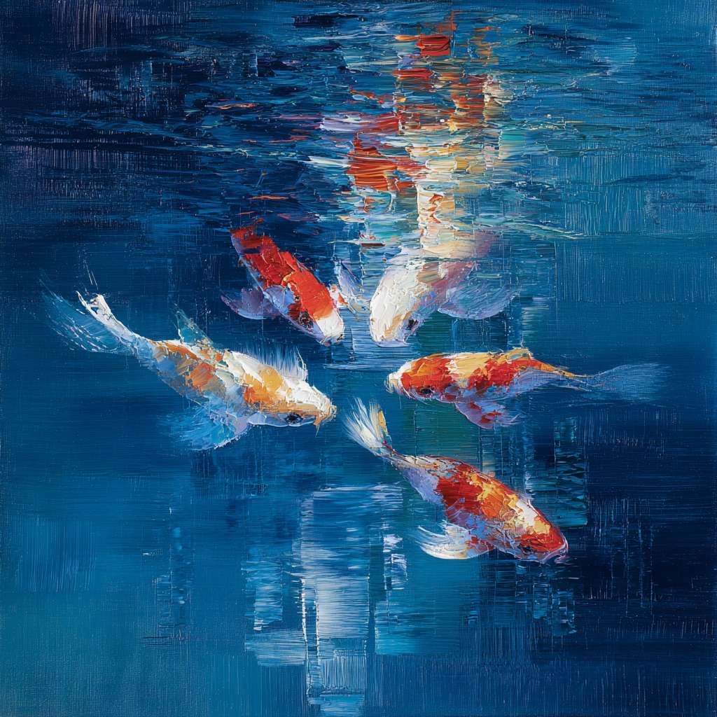 Dreamy blue depths with iridescent light rippling around koi, expressive strokes for water’s motion and fish’s agility, abstract oil. --ar 1:1 --v 7 --stylize 100 --fast