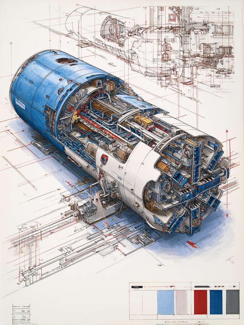 Tunnel Boring Machine (TBM) cutaway perspective blueprint illustration, dramatic wide-angle composition, three-quarter overhead view. Main subject: a highly detailed low-profile modern TBM (Earth Pressure Balance type) rendered in realistic hand-drawn watercolor sketch style, placed on clean white background. Features include: rotating cutterhead with disc cutters and scrapers, with watercolor texture and hand-drawn ink precision. Framed composition with architectural exploded-view edge sketches and directional arrows. Top-right corner includes a color palette swatch block, featuring: steel gray, industrial blue, soil brown, hydraulic red, and lining concrete white. --ar 3:4 --v 7 --stylize 100 --fast