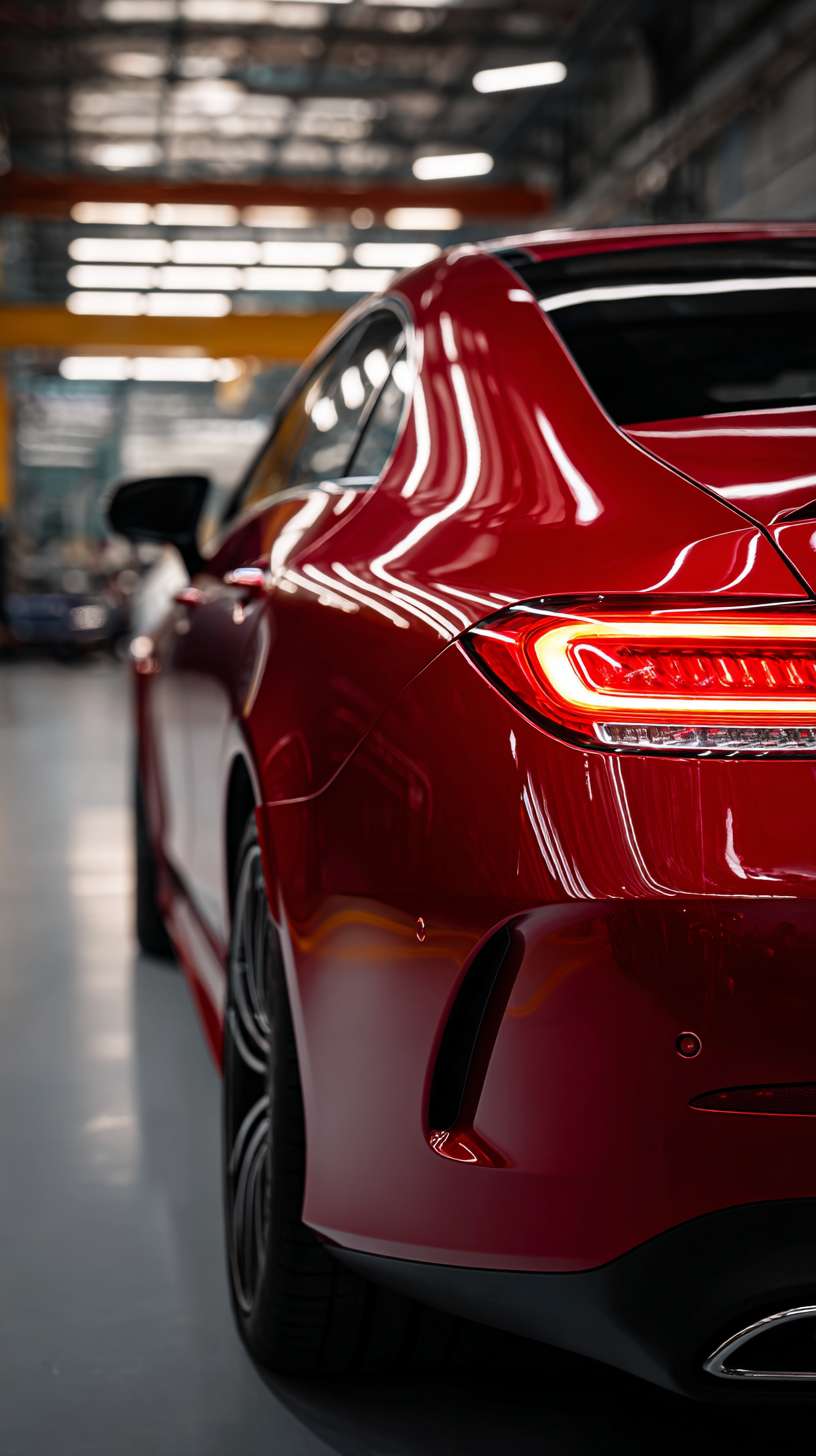 生成朱砂红色车漆AMG CLS 300 S的震撼展厅主图，亮起尾灯车正后方视角拍摄 --ar 9:16 --v 7 --stylize 100 --fast --no 水印
