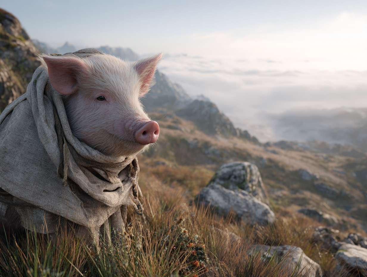 Photorealistic cinematic image，A pale pink pig on the grass next to the mountaintop, facing away from the camera,it also it's a scarf around it head, which is partially covering it face, giving her a mysterious look.Overall, these images convey a sense of desolation and grandeur, possibly telling a story about adventure, and emotional expressions all suggest that this may be a work with a strong narrative and visual impact,with a rocky mountain range behind it, and fog connecting the mountain range, full of warm colors and ultra high definition real materials，Ultra wide view shot， highly detailed photo. --ar 4:3 --v 7 --style raw --stylize 100 --fast