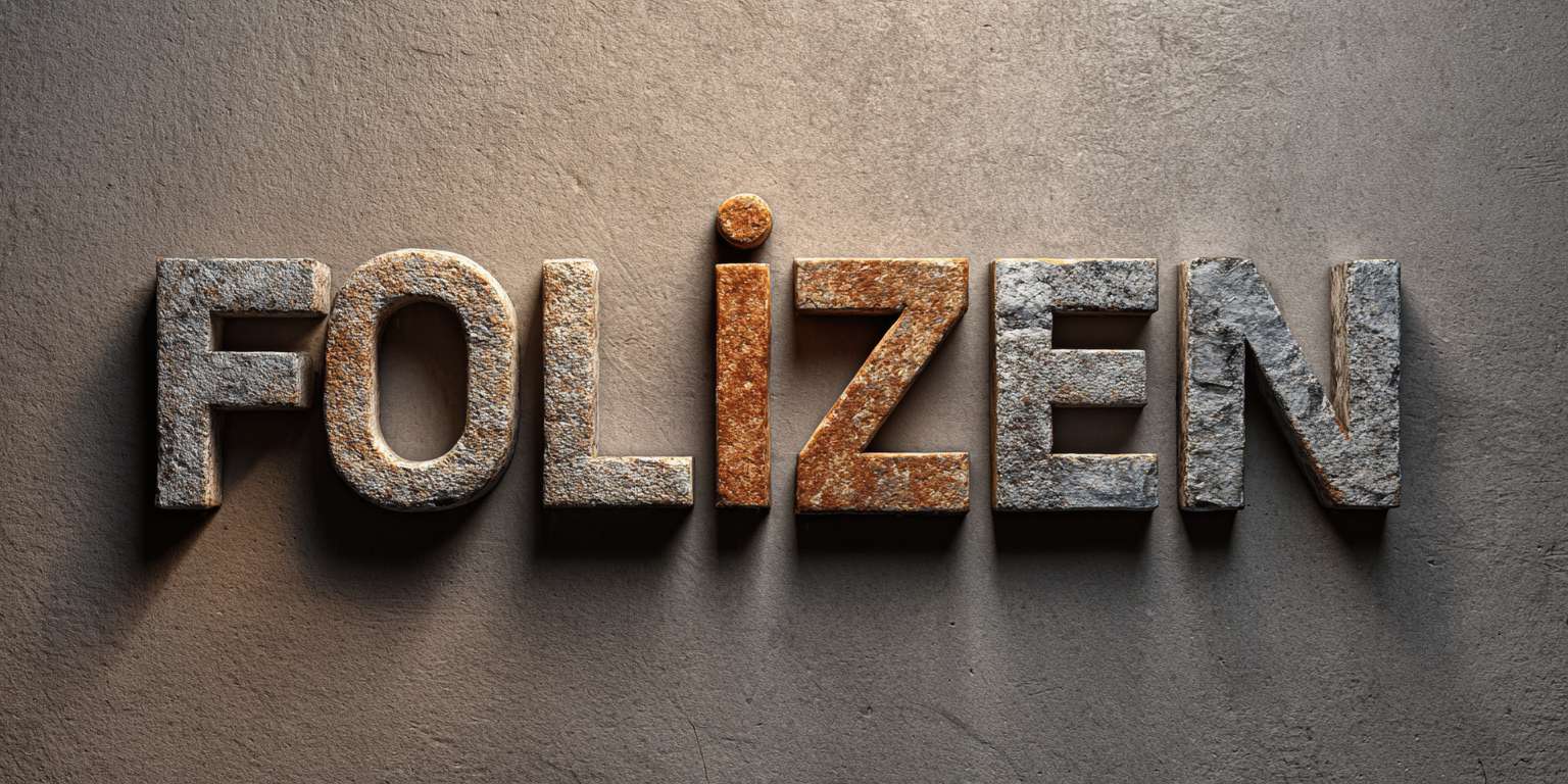 "FOLIZEN" chiseled stone texture font, matte finish with directional shadow, "I" dot replaced by terracotta clay dot (#D57A66), tagline embossed in 0.5pt depth below, warm gray (#EDECE8) background --ar 2:1 --v 7 --stylize 100 --fast --no colors except accent