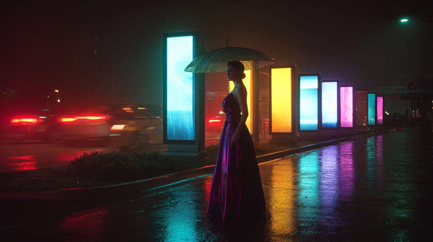 现代3D动画风格，在洛杉矶街道上的灯柱上，当时那里正下着毛毛雨。霓虹灯照在潮湿的柏油路上，一个金发女人穿着华丽的紫色长裙站在前方不远处打着伞正对着看着镜头 --ar 16:9 --v 7 --stylize 100 --fast --no 水印