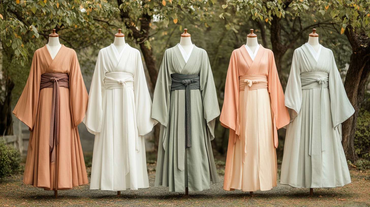 汉服，汉服图片，一张图片上有五套服装，一字排开，色彩淡雅，正对镜头 --ar 16:9 --v 6.1 --stylize 100 --fast