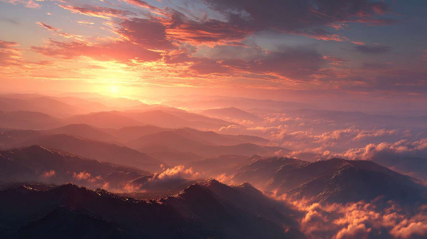 AI画面关键词：
cinematic wide shot of a majestic sun setting over endless rolling mountains, clouds sea glowing with orange and red light, Chinese landscape painting style, ethereal, peaceful, holographic light effect, 8k --ar 16:9 --v 7 --stylize 100 --fast --no 水印