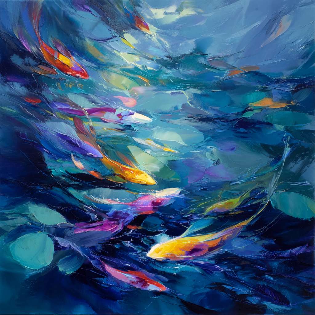 Dreamy depths in indigo blue, iridescent light dancing around vivid koi, expressive strokes for fluid grace, abstract. --ar 1:1 --v 7 --stylize 100 --fast
