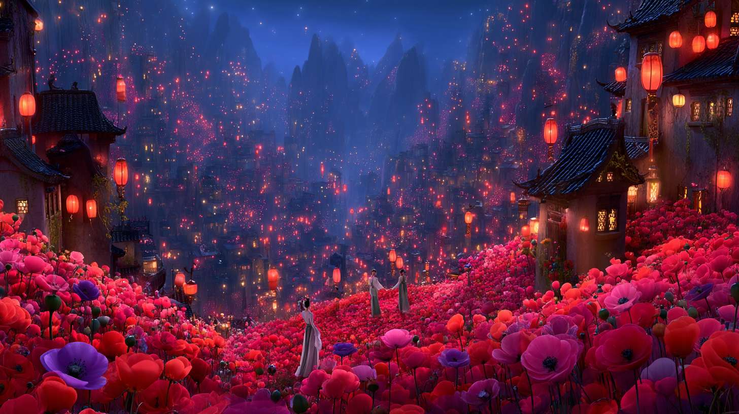 Unreal Engine 5 rendering, in this awe-inspiring scene of the ancient Luoyang Flower Festival, the composition centers on a vast sea of blooming peonies, surrounded by ancient-style pavilions, buildings, and winding corridors adorned with countless red lanterns, while the night sky is continuously lit up by colorful fireworks, the foreground features a celebrating crowd dressed in elegant Hanfu singing and dancing, the middle ground includes traditional Chinese architecture such as eaves-cornered pavilions, and the background blends deep blue starry skies with brilliant fireworks, in terms of color, vibrant reds, golds, and greens dominate, symbolizing luck and wealth, with the pink and white of the flowers sharply contrasting with the warm yellow of the lanterns, and the multicolored lights of the fireworks adding dynamic color variations, the lighting effects are exquisitely detailed, the soft glow from the lanterns casts warm shadows on people's faces and the ground, while the explosive flashes of fireworks create dazzling halos, contrasting with the cool moonlight to enhance the image's depth and dynamism, the entire scene is bustling and lively, with lanterns swaying gloriously, fireworks sparkling brilliantly, and the crowd cheering incessantly, as if transporting the viewer into a dreamlike ancient prosperous era filled with the charm of Chinese elements. --ar 16:9 --v 7 --c 20 --quality 4 --stylize 100 --fast