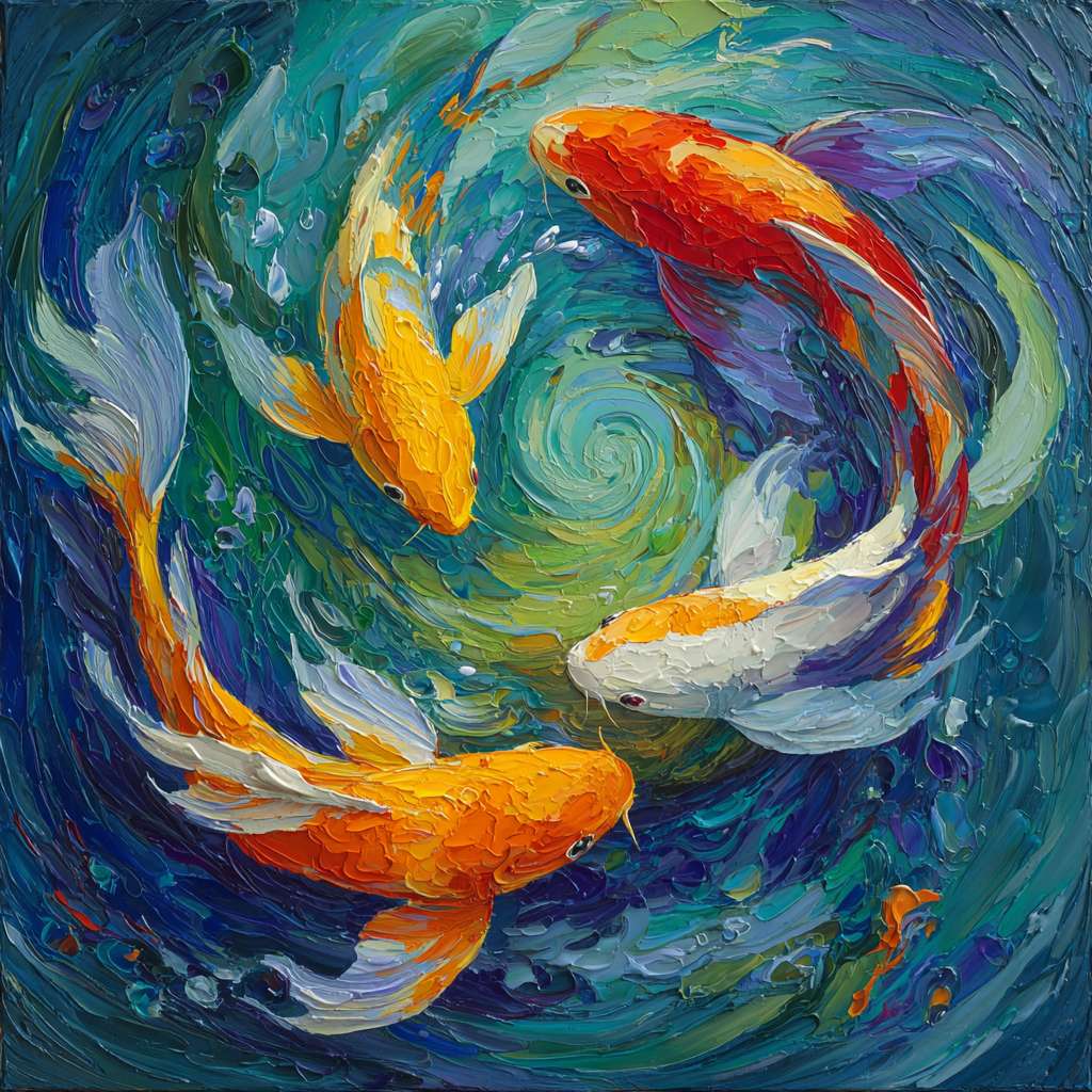 Dynamic blue water scene with swirling color bursts, koi fish in vivid hues, brushwork blending abstraction and detail, lively energy, abstract. --ar 1:1 --v 7 --stylize 100 --fast