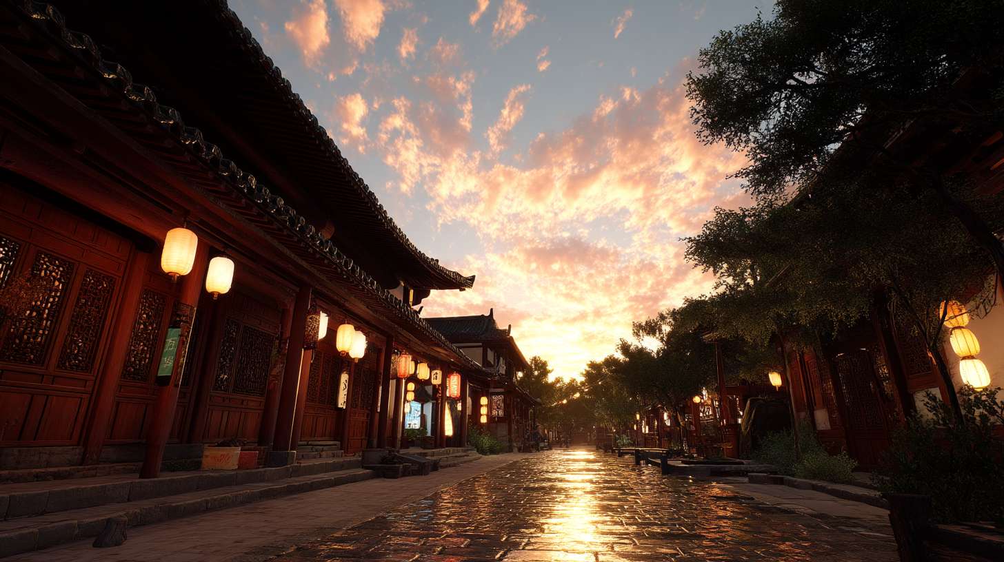 Unreal Engine 5 rendering, in this awe-inspiring panorama of the Great Tang Dynasty's golden age, the composition centers on the bustling Vermilion Bird Street of ancient Chang'an city, where streams of horses and carriages flow endlessly, with tang citizens and foreign merchants jostling in vibrant crowds, camel caravans laden with goods moving slowly through the scene, flanked by vermilion wooden structures with fluttering wine banners and shop signs creating dynamic patterns, lanterns hanging high under the eaves, at dusk, the sky is painted with warm golden sunset clouds, blending brilliantly with the red walls and green tiles of the architecture, the color palette dominated by rich gold and vermilion hues, accentuated by jade green and sapphire blue from merchant silks, while lanterns emit warm yellow glows, making the entire scene resplendent and dazzling, the lighting effects show remarkable depth, the sunset's afterglow drapes buildings in golden veils, lantern light spots dance on the bluestone pavement, camels and pedestrians cast elongated silhouettes, warm candlelight shines through shop windows, merging with the twilight clouds into a flowing radiance, the whole street is filled with lively atmosphere, camel bells echoing and human voices buzzing, perfectly recreating the cosmopolitan splendor of the Tang Dynasty that attracted myriad nations. --ar 16:9 --v 7 --c 20 --quality 4 --stylize 100 --fast